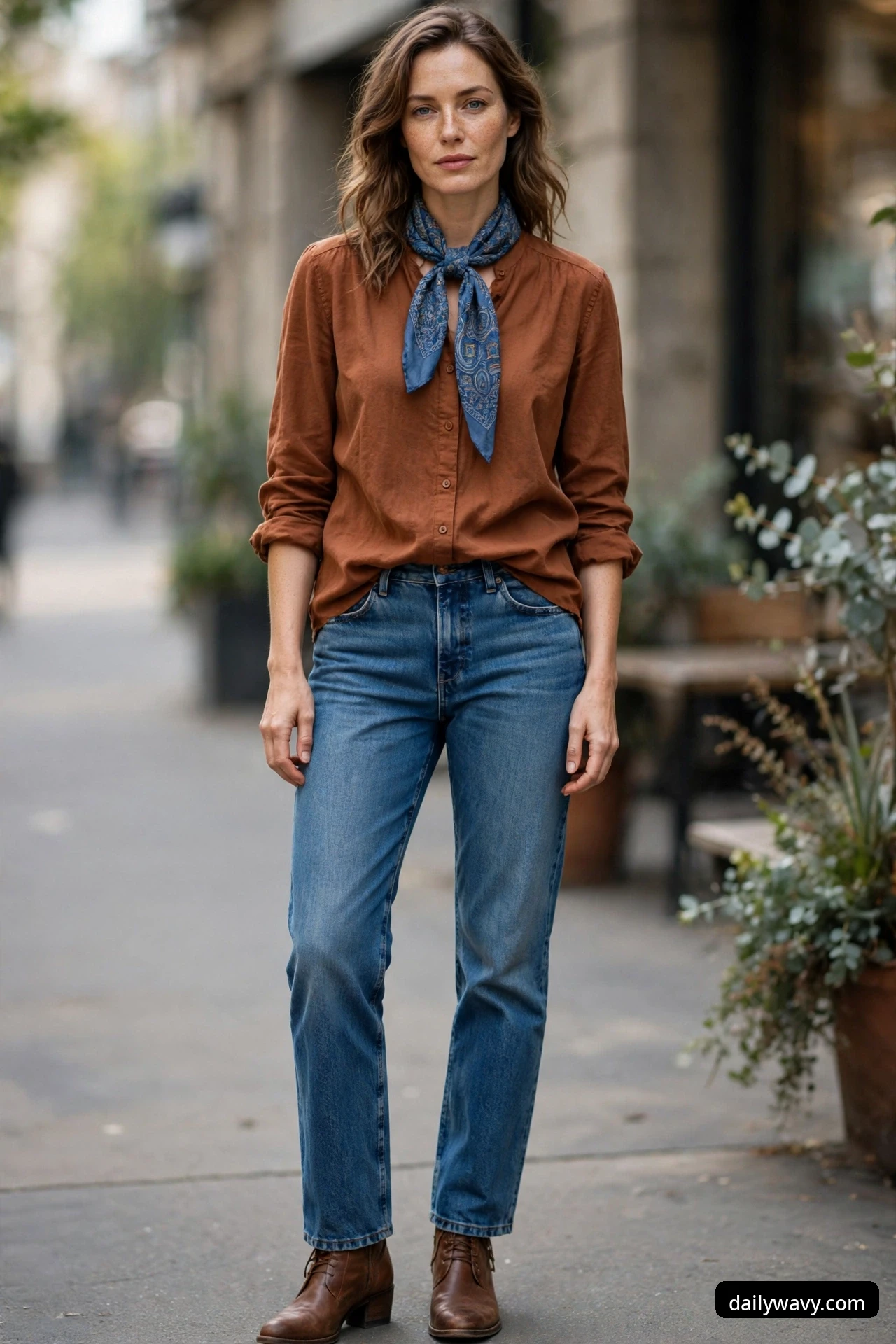 A woman stands on a sidewalk wearing a rust-brown button shirt with a blue paisley scarf tied at the neck, medium-wash straight jeans, and brown heeled ankle boots.