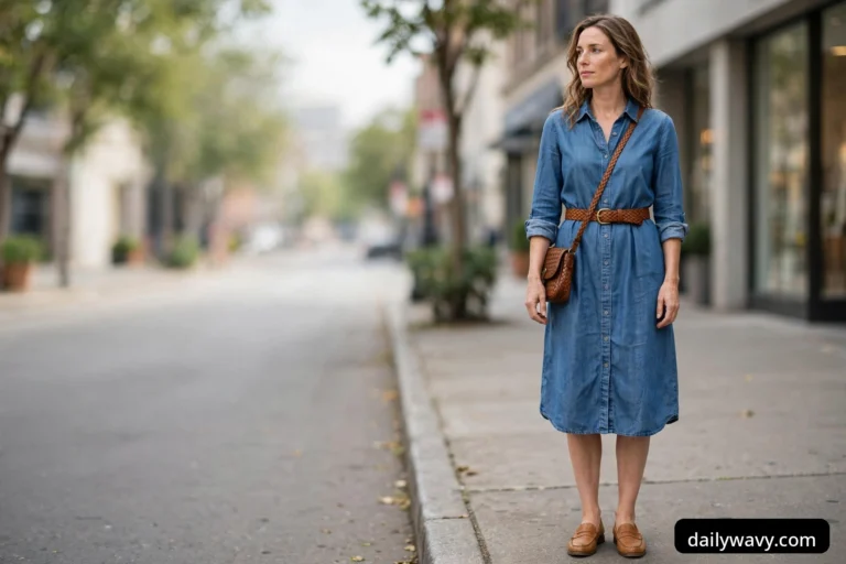 A woman stands on a city sidewalk wearing a blue chambray shirt dress cinched with a cognac woven leather belt, a brown woven crossbody bag, and tan loafers.