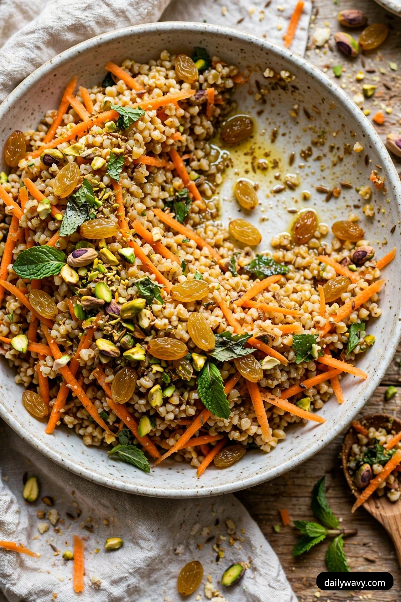 A bowl of bulgur salad with carrot matchsticks, plump golden raisins, chopped pistachios and fresh mint leaves, with one serving scooped out.
