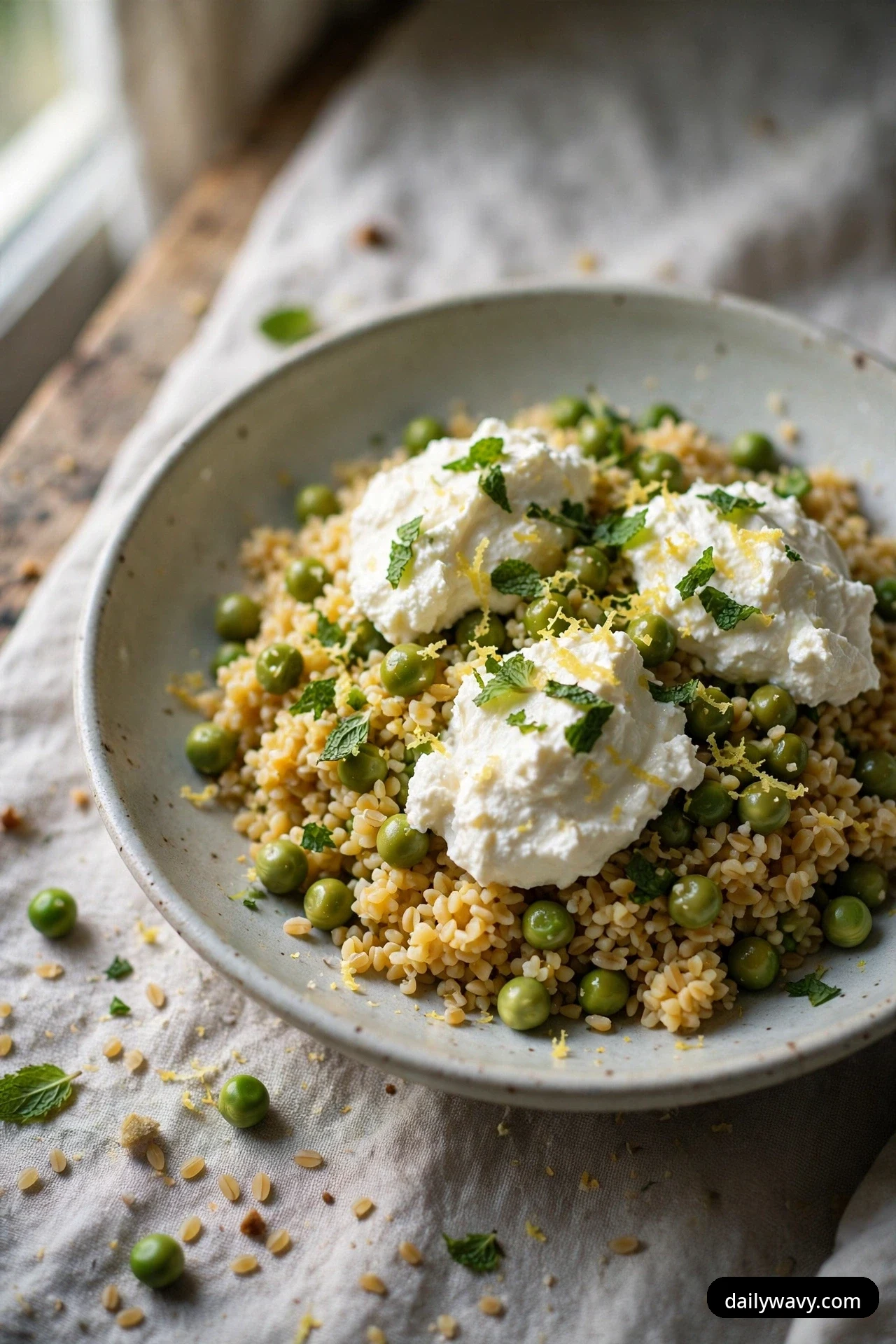 A bowl of bulgur salad with green peas is topped with generous dollops of ricotta, chopped mint and lemon zest.