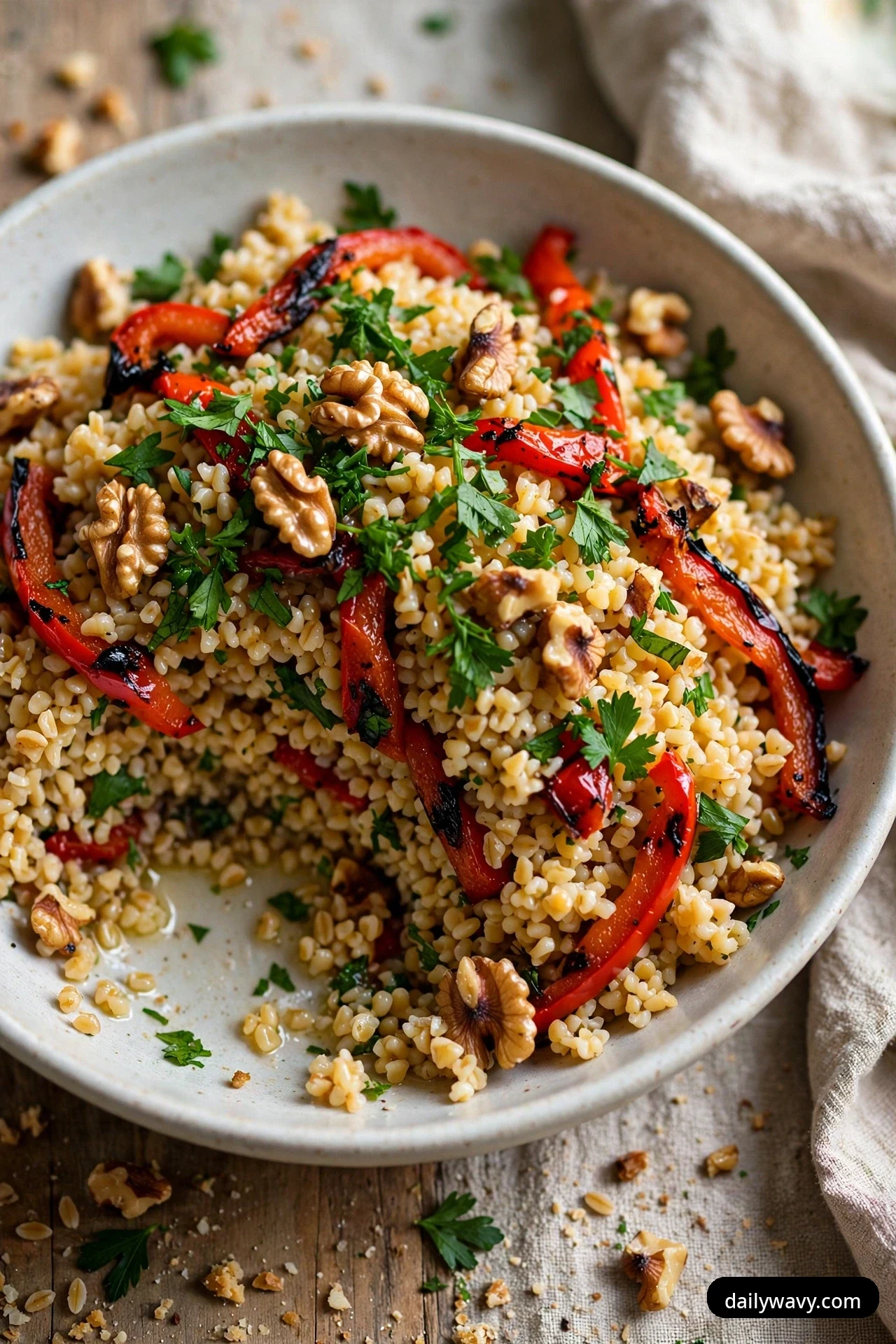 A bowl of bulgur salad with charred roasted red pepper strips and chopped parsley is topped with walnut pieces, with one serving scooped out.