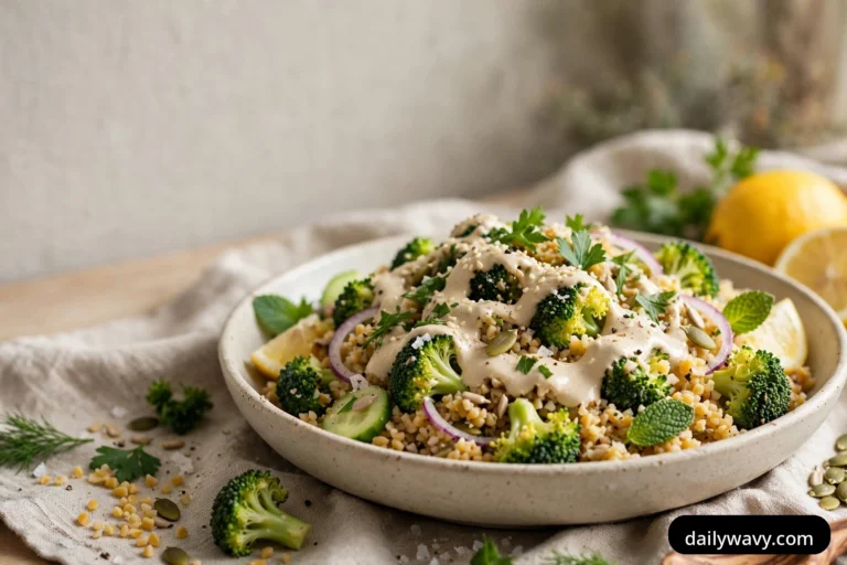A shallow bowl of bulgur salad with broccoli florets and a creamy tahini drizzle sprinkled with sesame seeds sits on a linen cloth, with lemons beside the bowl.