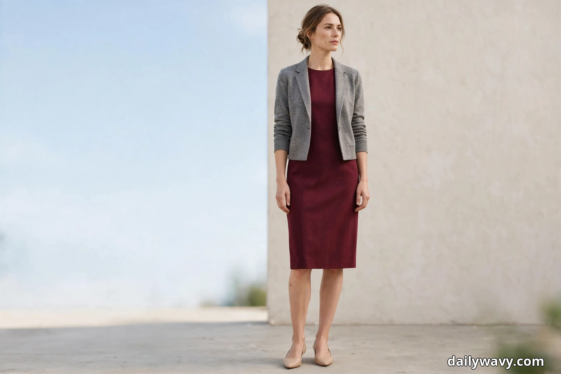 A woman stands full length outdoors beside a pale wall wearing a knee-length burgundy sheath dress under a cropped heather gray knit blazer with the sleeves pushed up, and nude pointed pumps