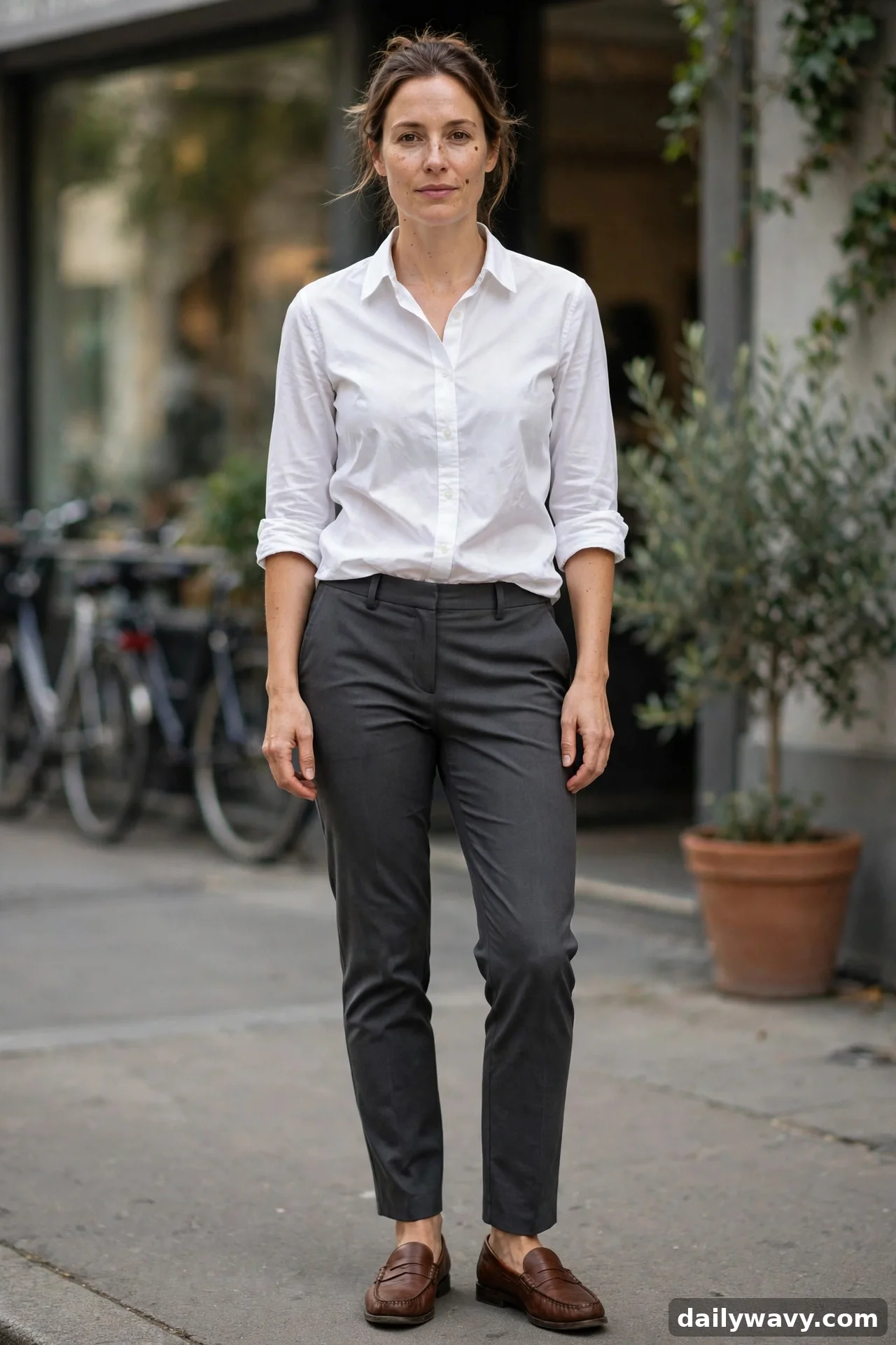 Woman wearing white cotton shirt with tailored charcoal trousers and brown leather loafers