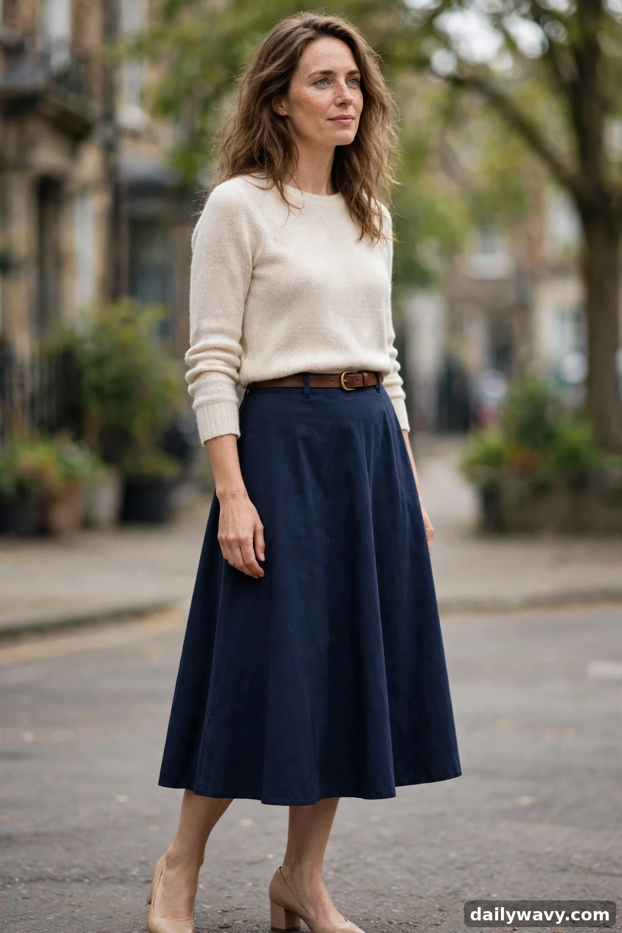 Woman in cream fine-knit sweater tucked into navy A-line midi skirt with brown belt
