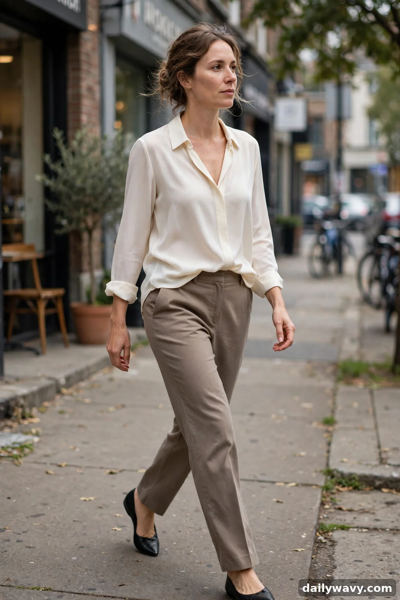 Woman in cream silk blouse with taupe straight trousers and black ballet flats