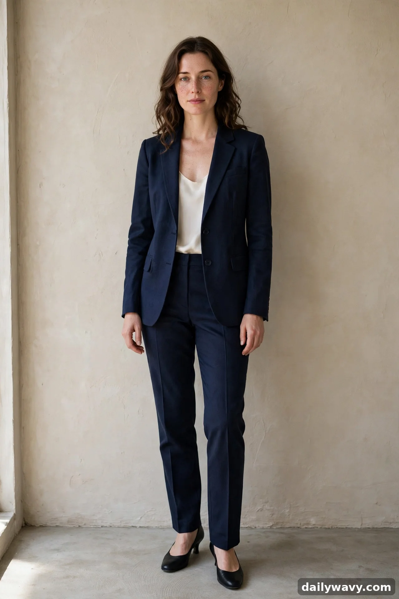 Woman in navy matching suit with cream shell top and black heels