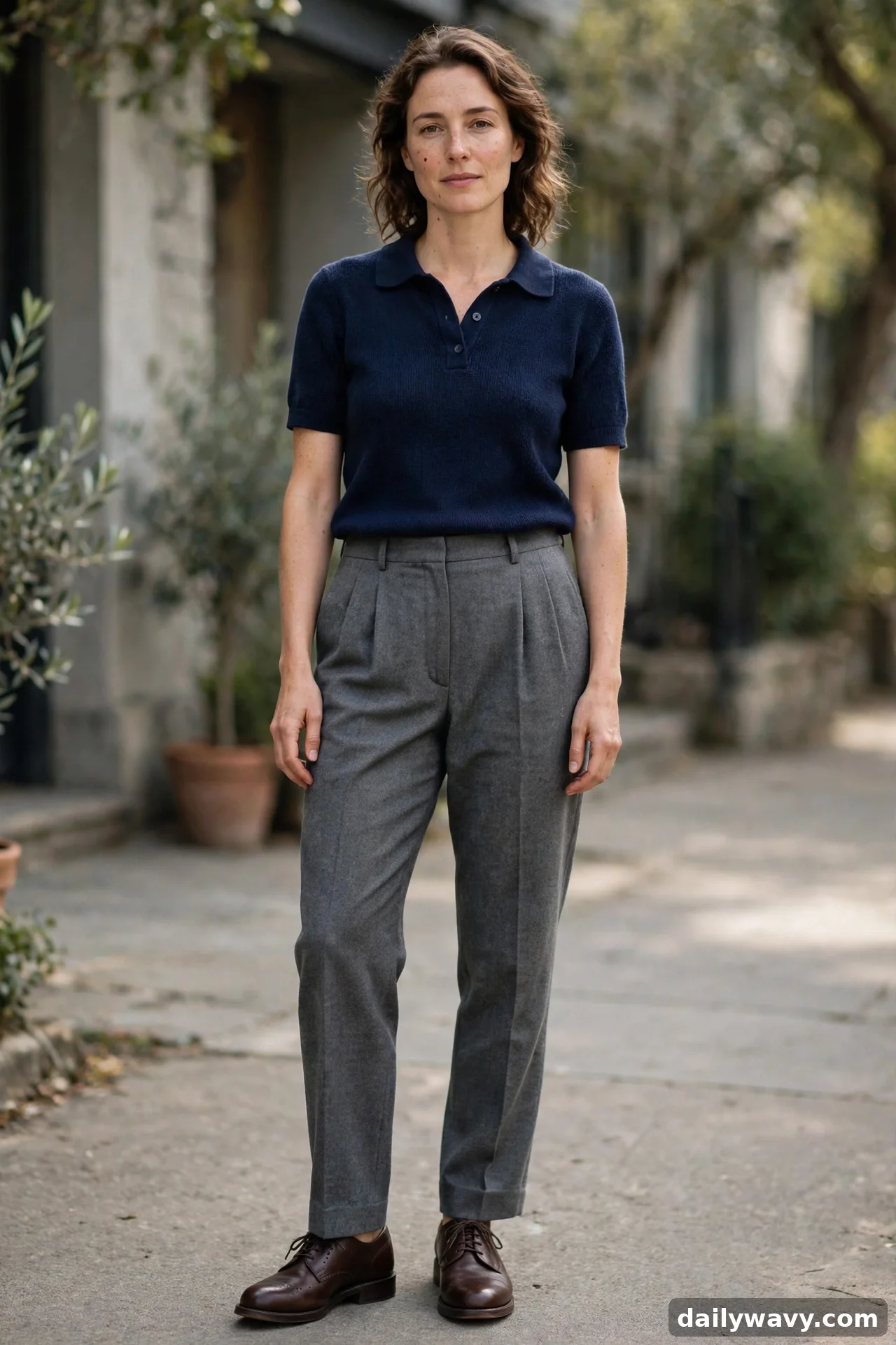 Woman in navy knit polo shirt with grey pleated trousers and brown derby shoes