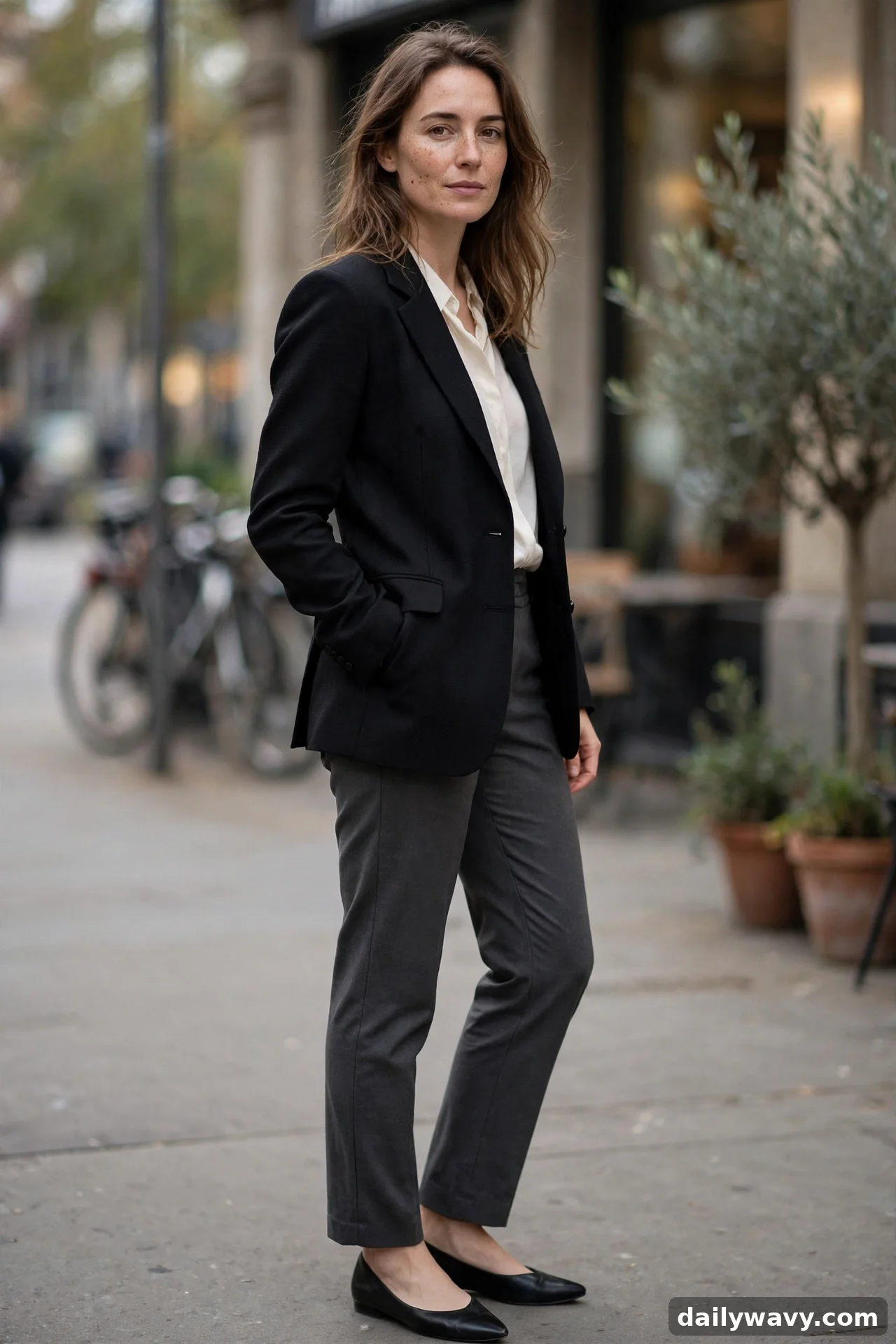 Woman in black structured blazer with cream blouse, grey trousers and black flats