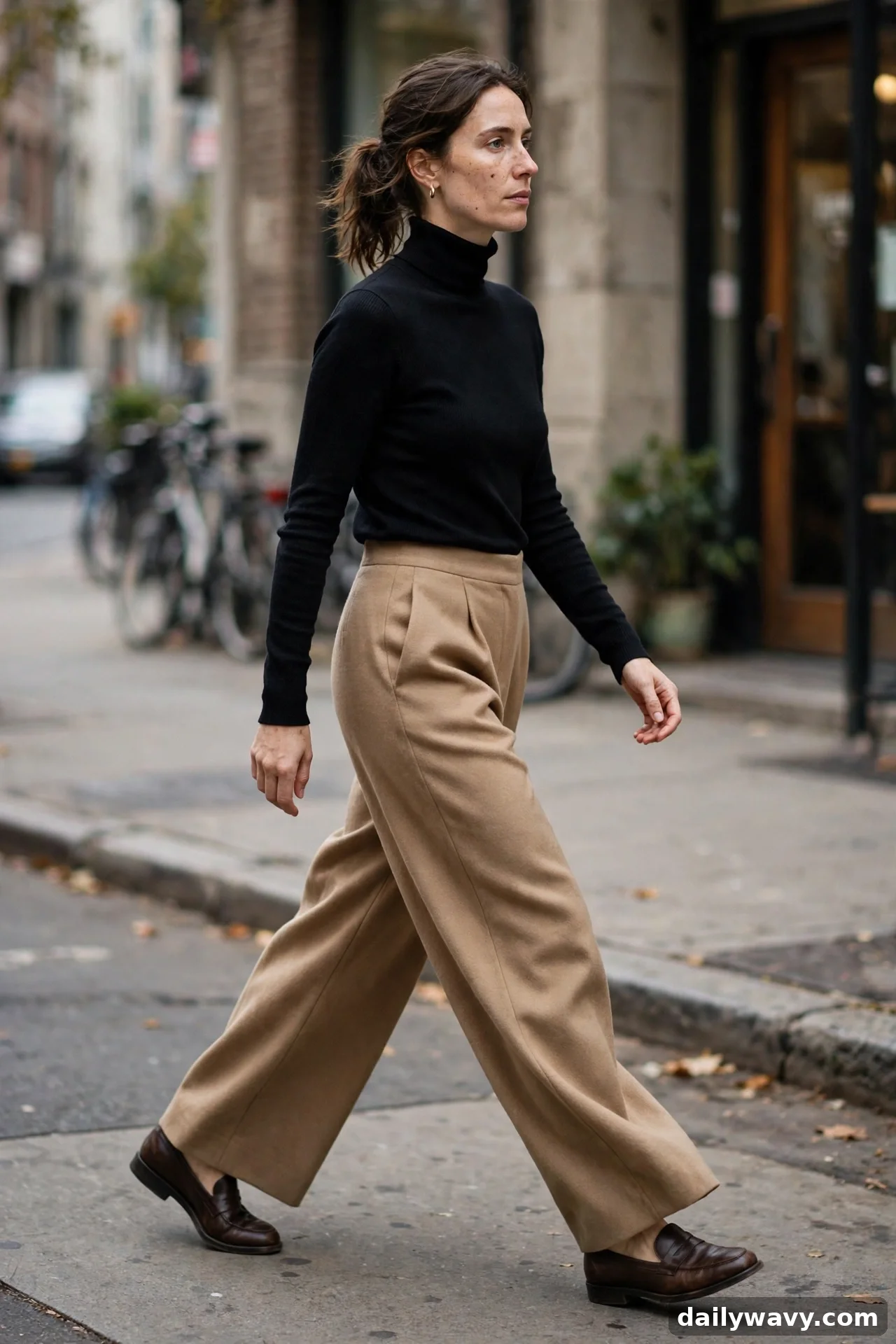 Woman in black turtleneck with camel wide-leg wool trousers and brown loafers