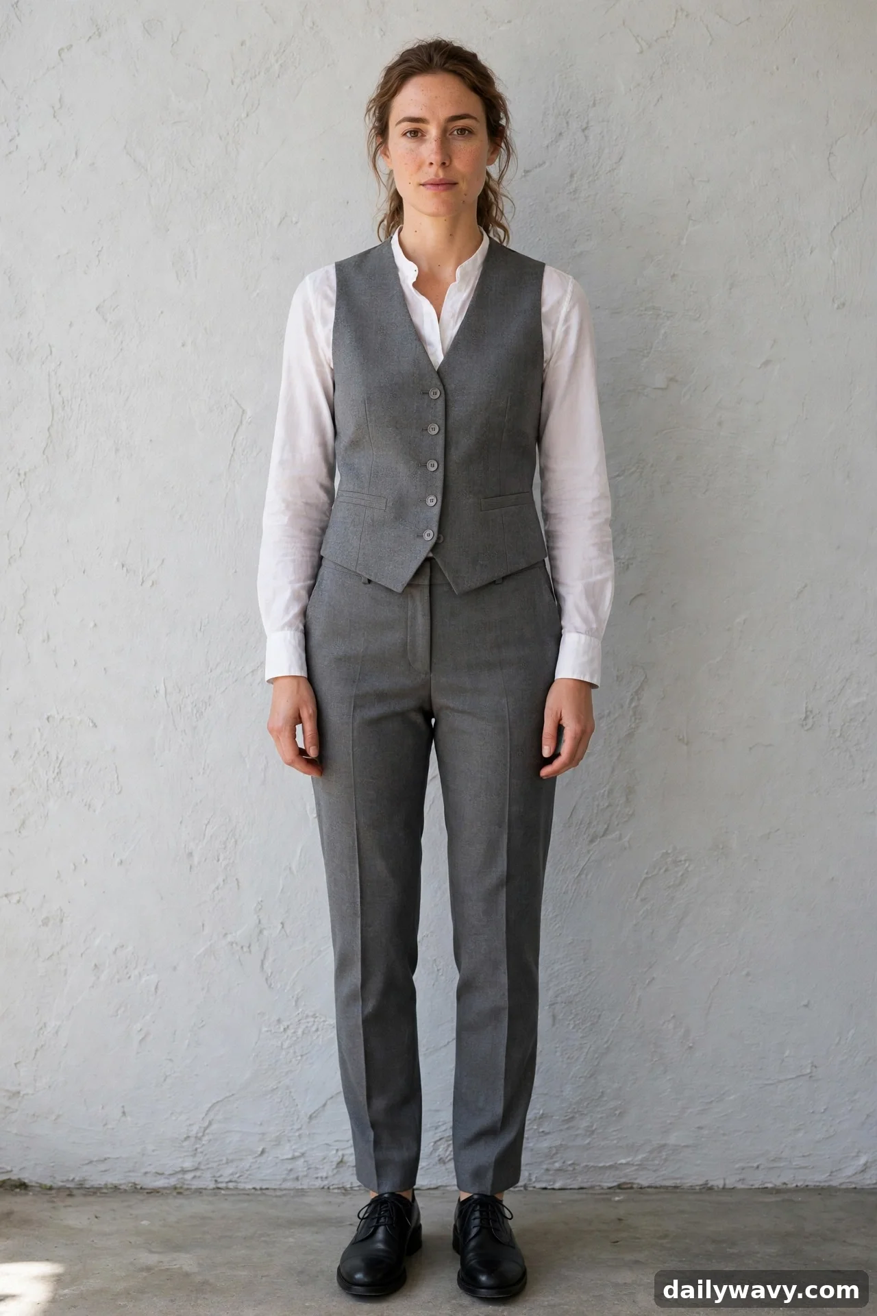 Woman in grey buttoned vest over white shirt with matching grey trousers