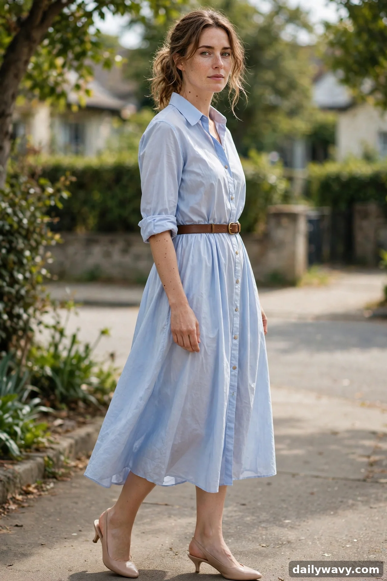 Woman in light blue shirt dress with narrow brown belt and nude heels
