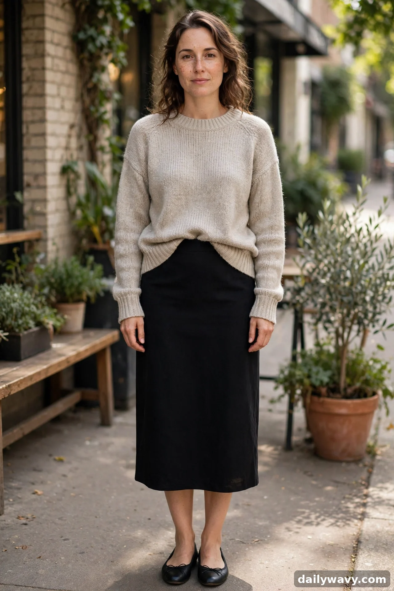 Woman in beige knit sweater with black straight midi skirt and ballet flats