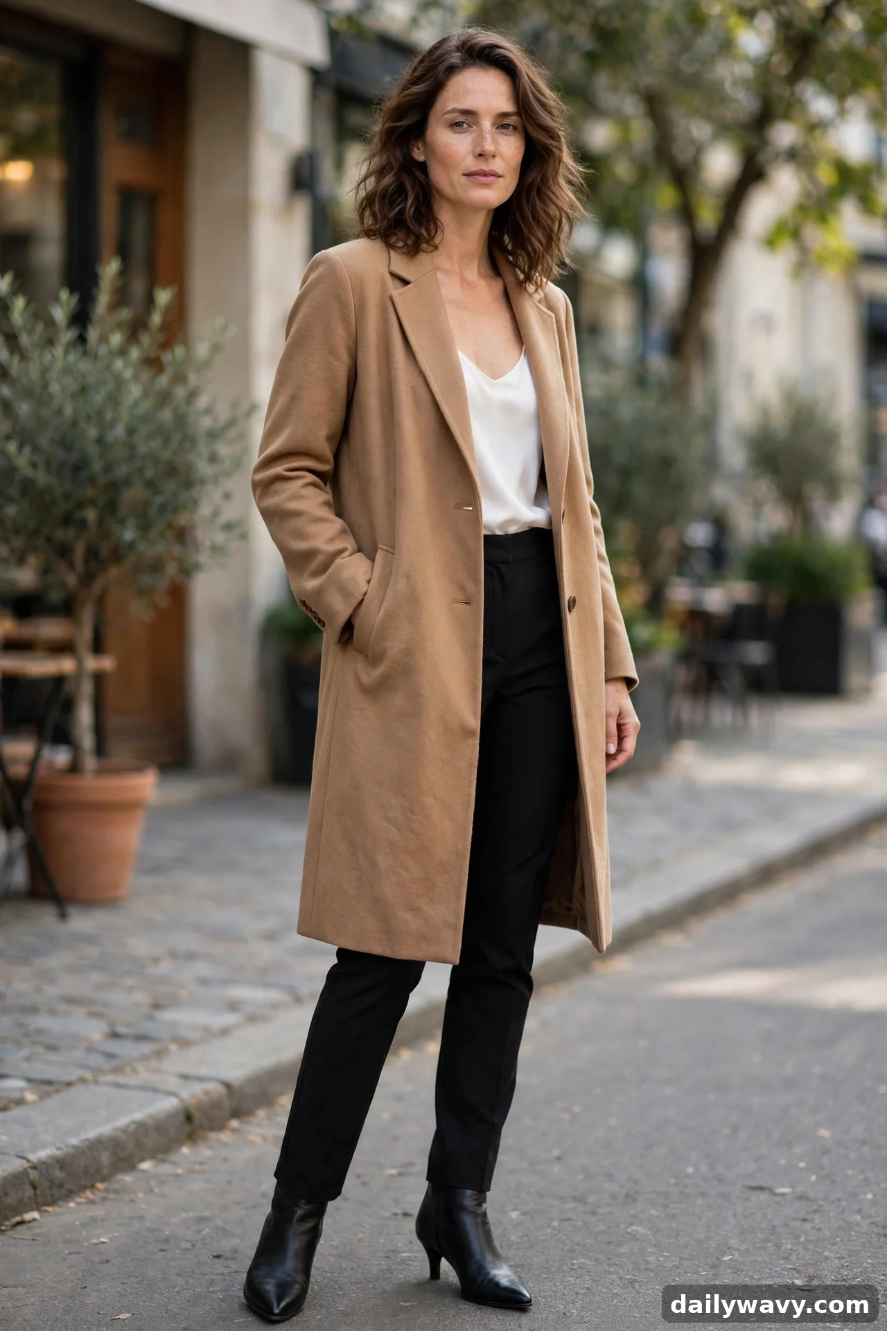 Woman in camel longline coat over white top with black trousers and ankle boots