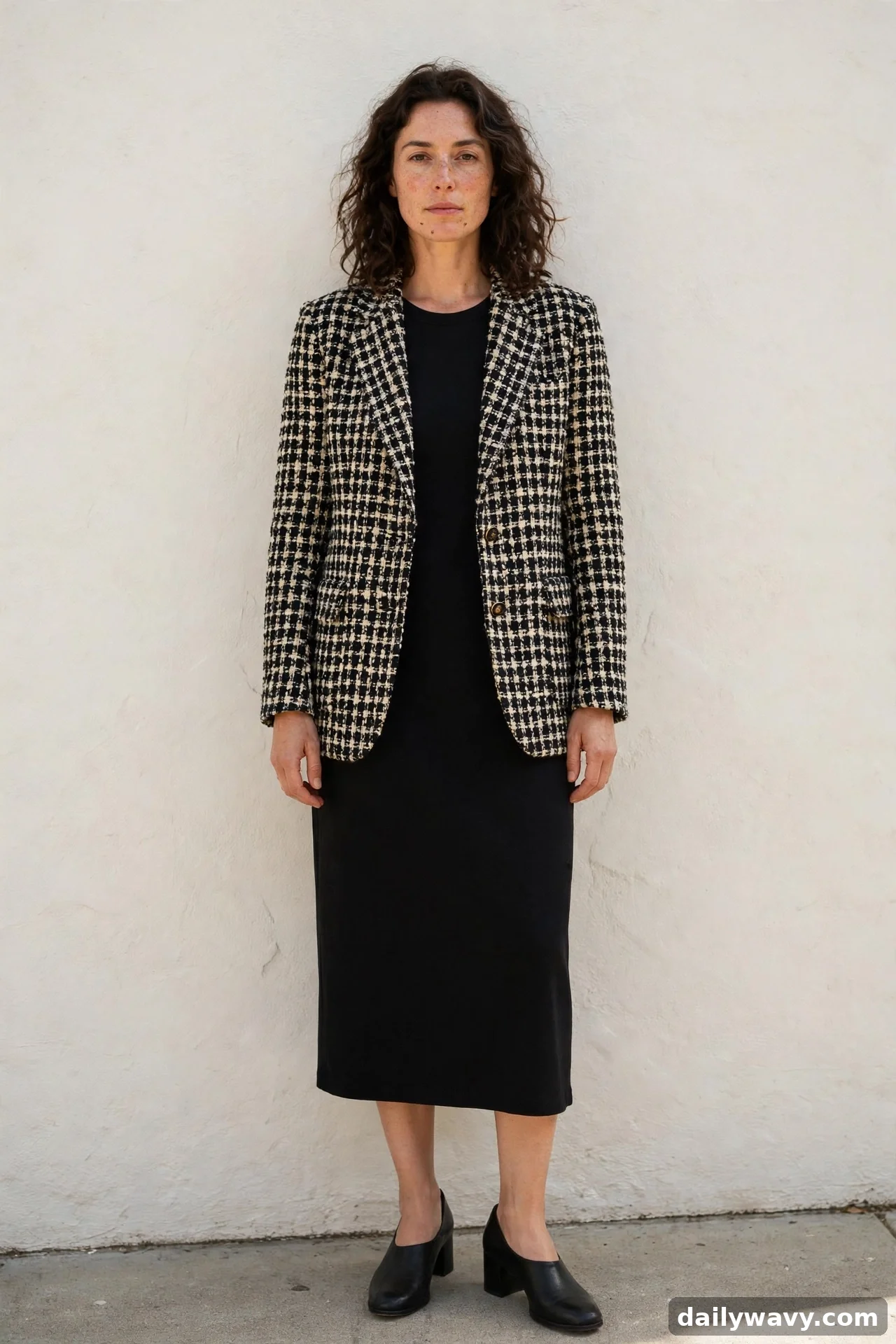 Woman in black and white textured tweed blazer over black midi dress