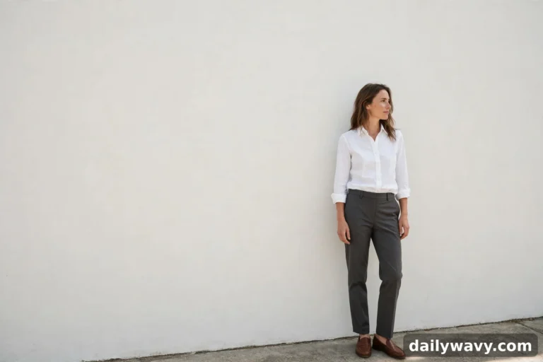 Woman in white cotton shirt, dark tailored trousers and brown loafers standing against a light wall