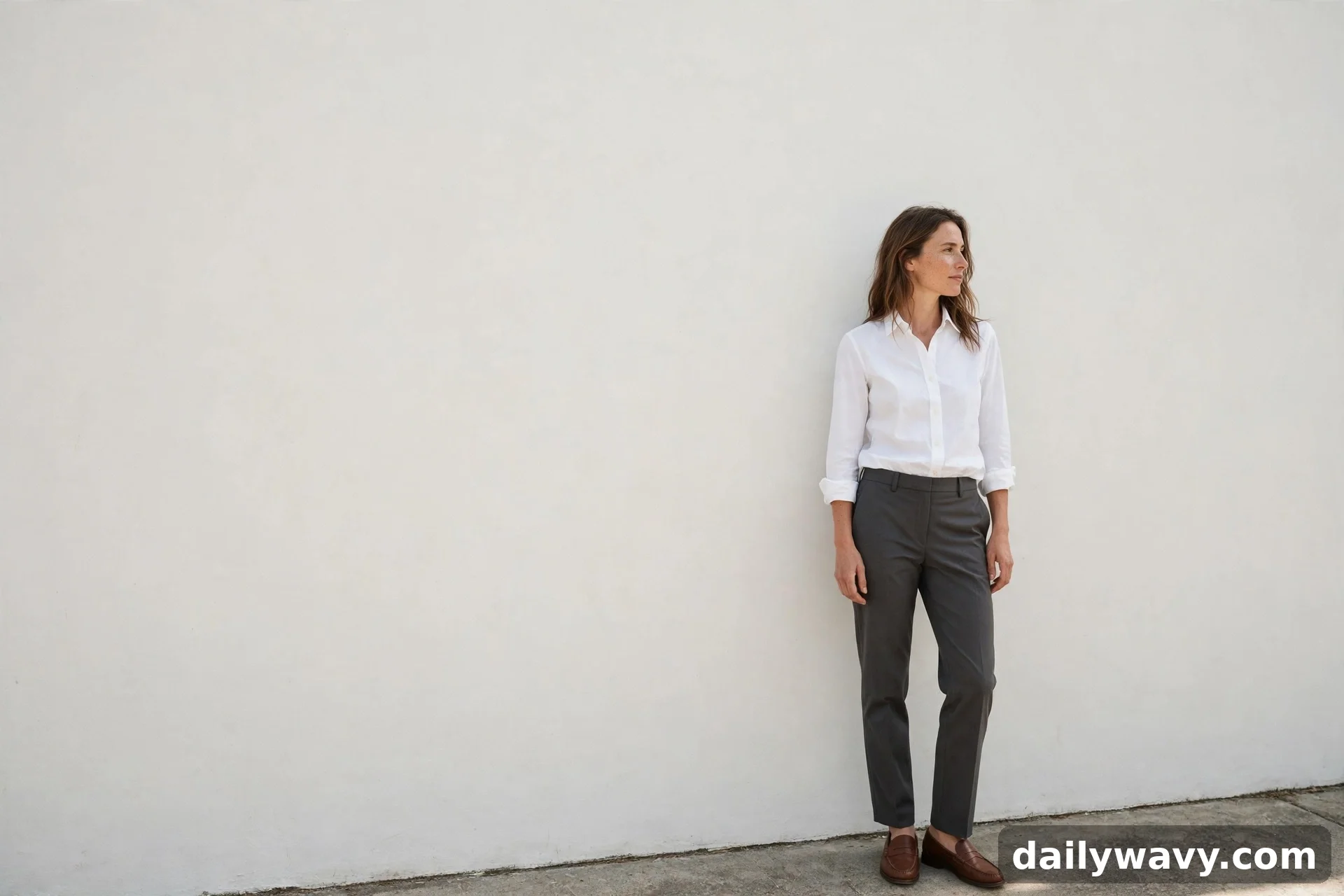 Woman in white cotton shirt, dark tailored trousers and brown loafers standing against a light wall