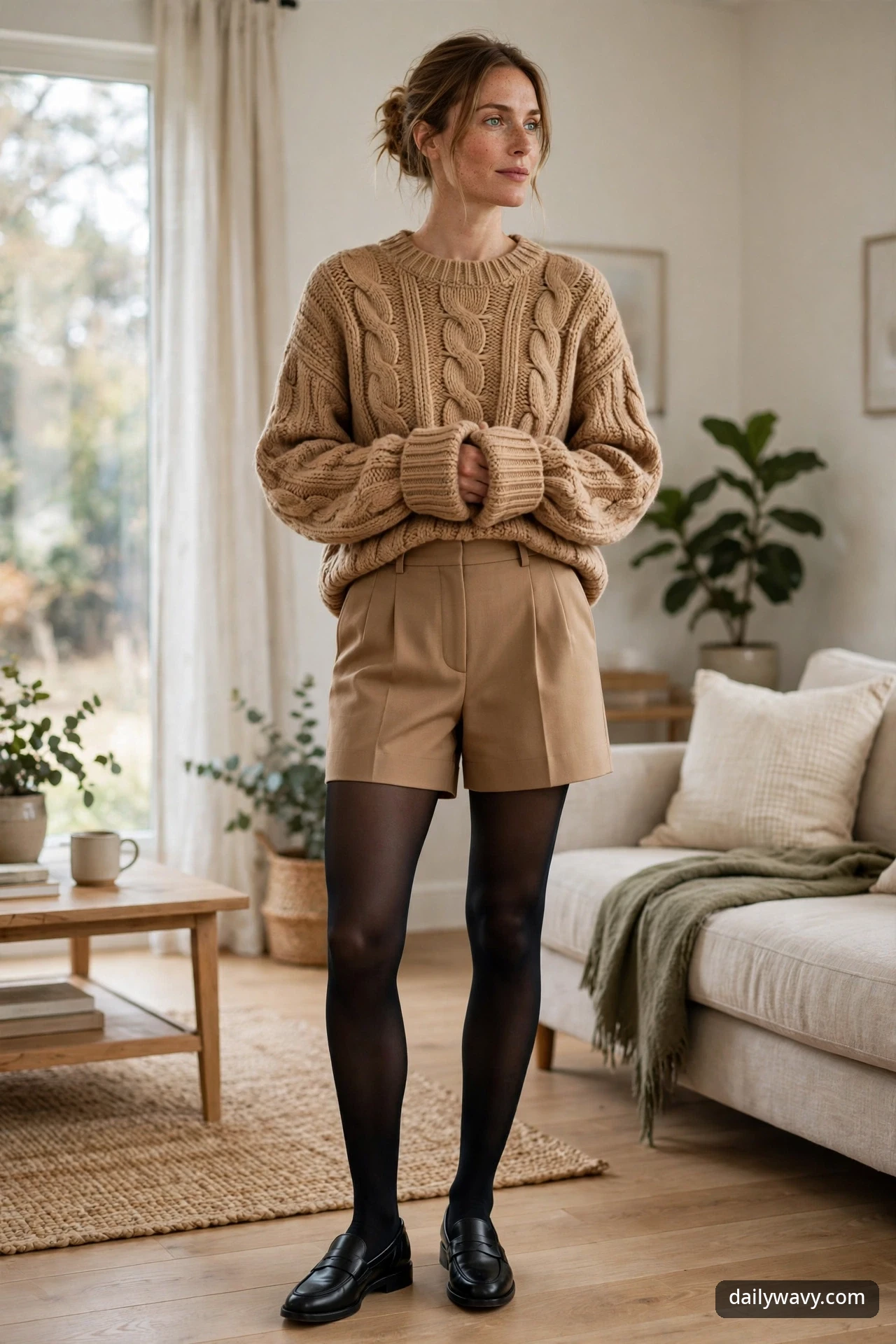 A woman in a camel cable knit sweater with camel tailored shorts, black opaque tights and black penny loafers, standing in a bright living room.