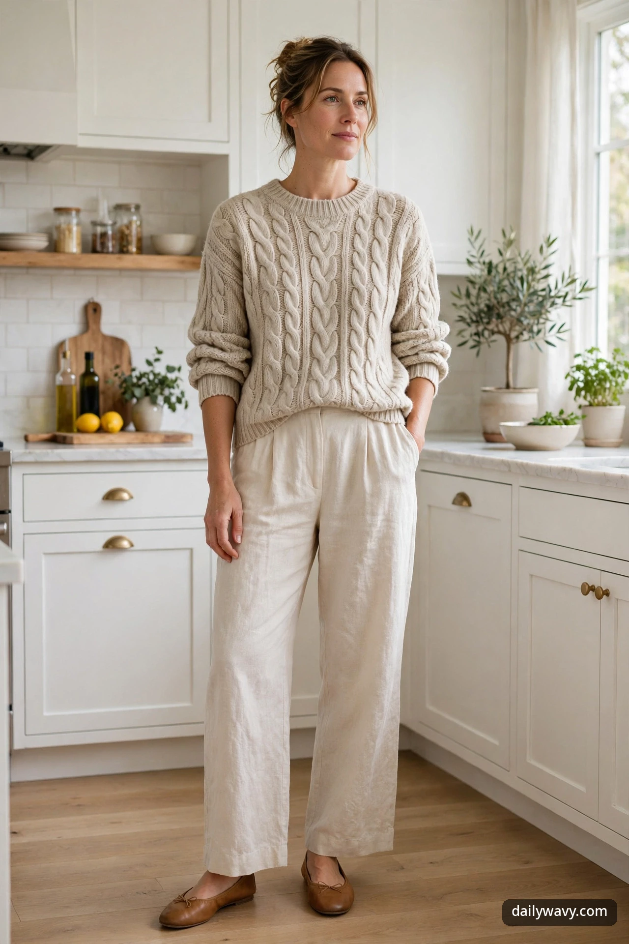 A woman in an oatmeal cable knit sweater tucked into ivory linen wide-leg trousers with tan ballet flats, standing in a bright kitchen.