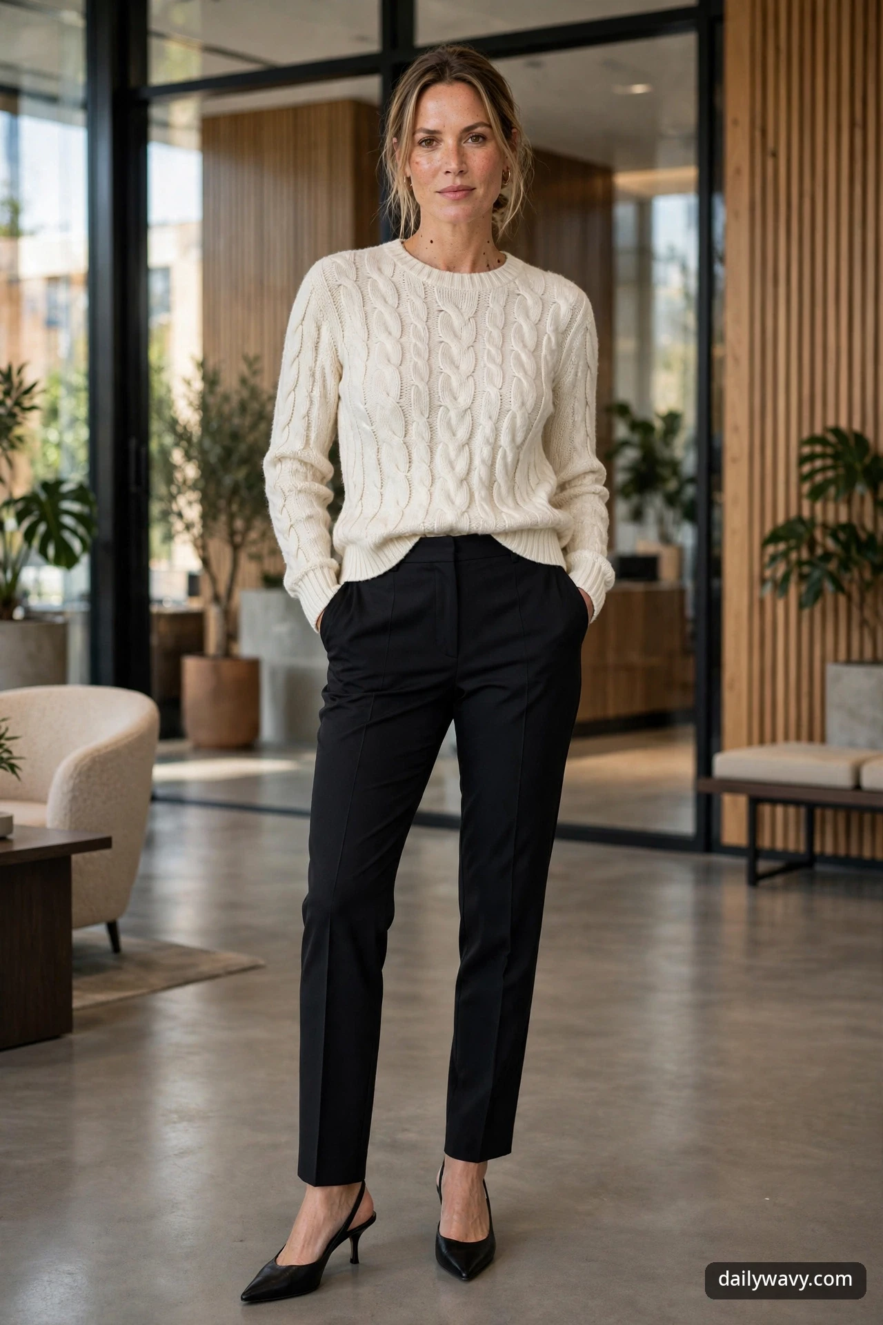 A woman in an ivory cable knit sweater with black tailored trousers and black slingback heels, standing in a modern office lobby.