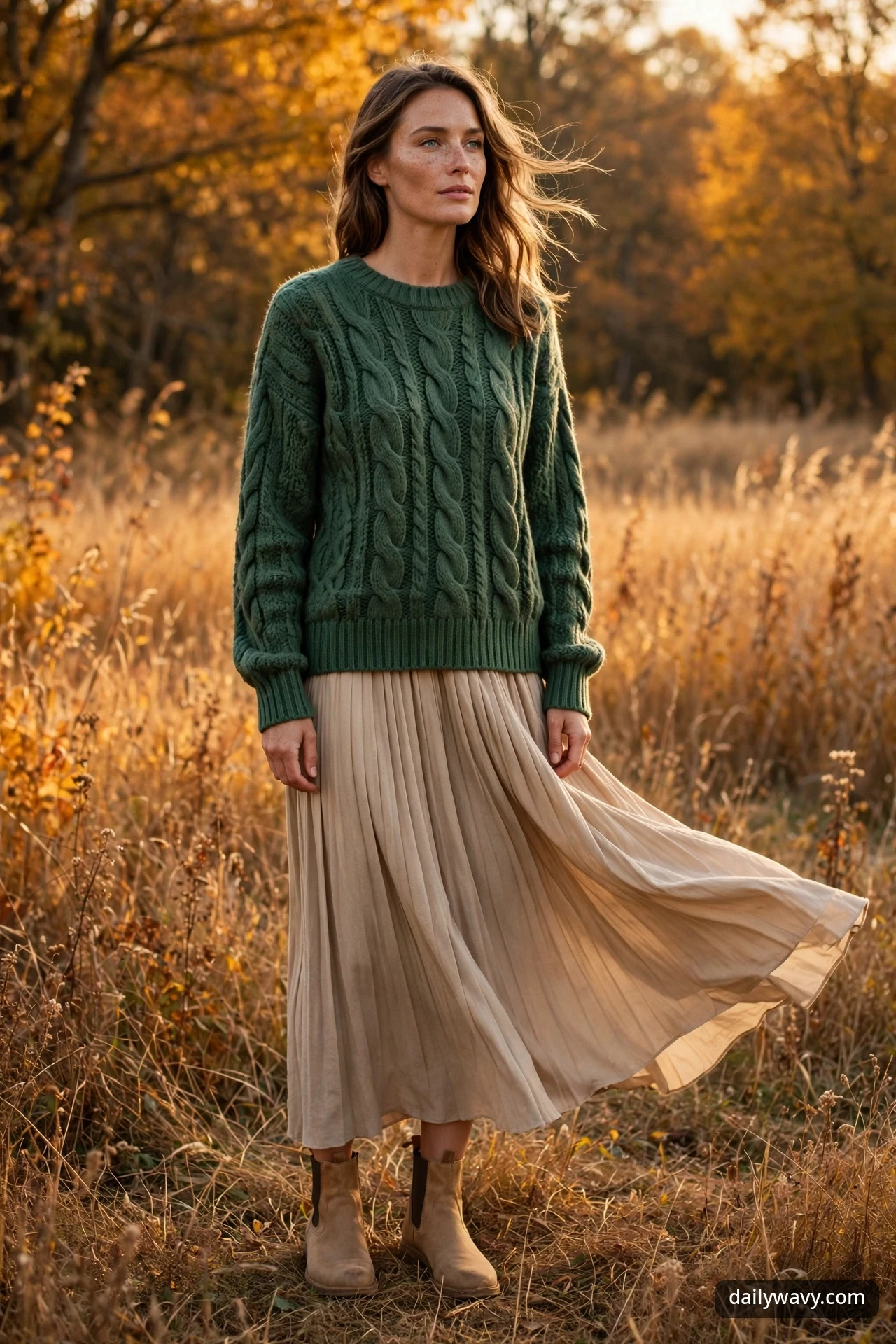 A woman in a forest green cable knit sweater with an ivory pleated maxi skirt and tan suede Chelsea boots, standing in a golden field at sunset.