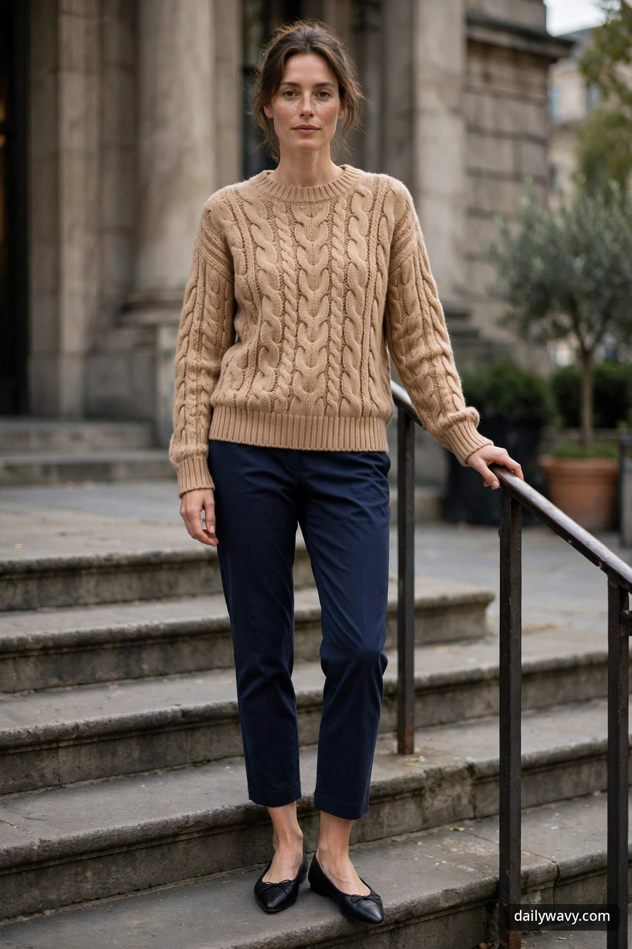 A woman in a camel cable knit sweater with navy cropped trousers and black ballet flats, standing on stone steps beside a metal railing.