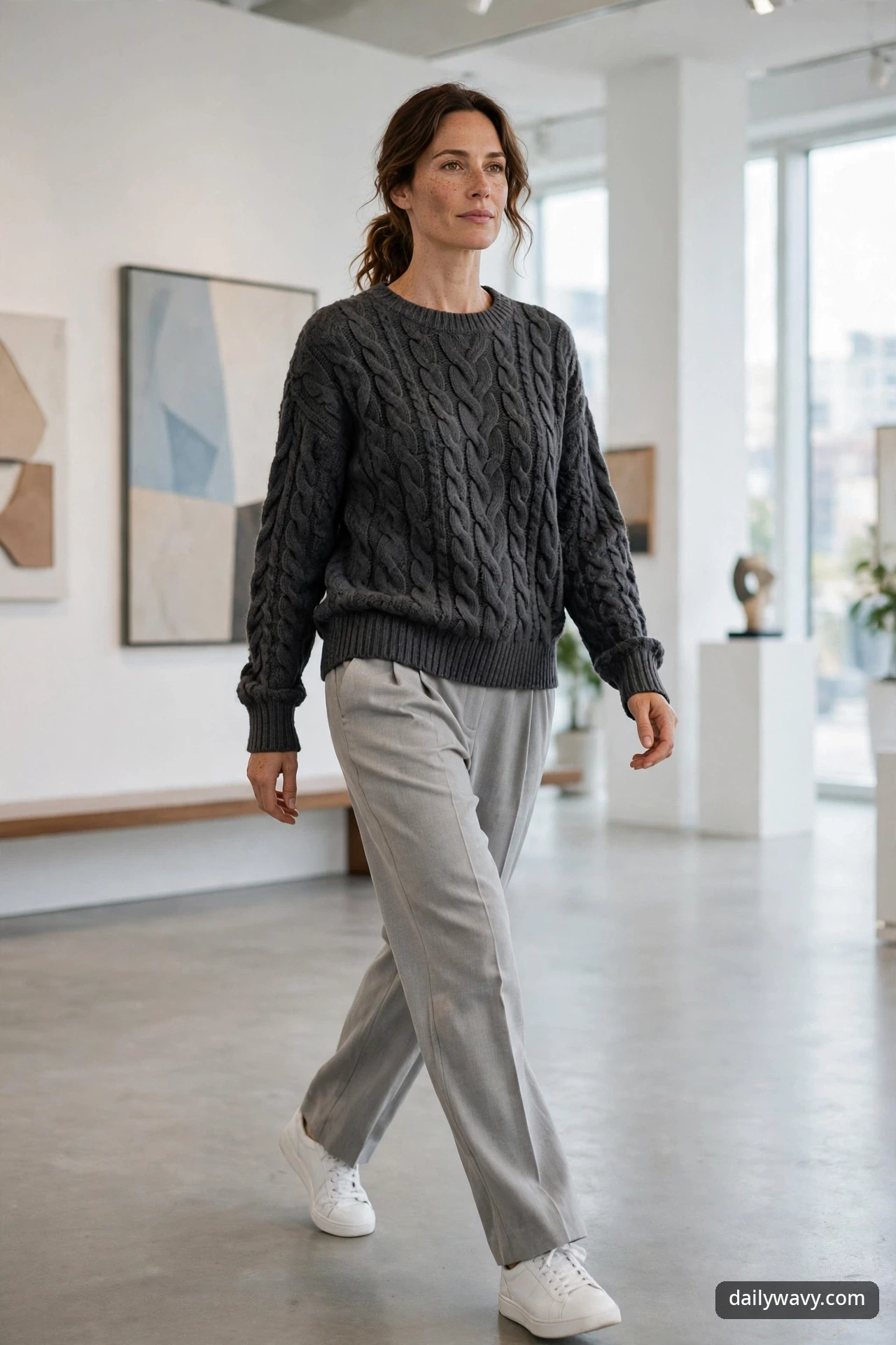 A woman in a charcoal cable knit sweater with light gray trousers and white sneakers, walking through a bright gallery.