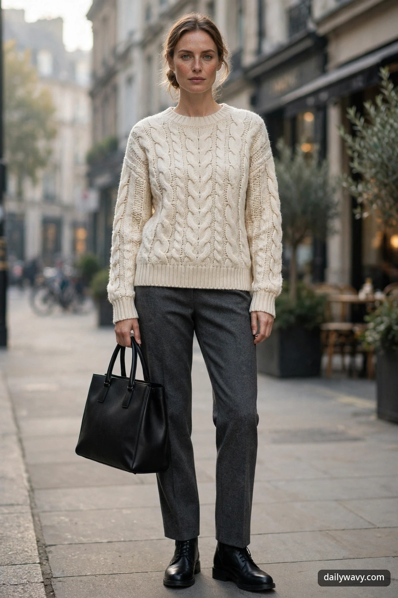A woman in an ivory cable knit sweater with charcoal gray wool trousers and black lace-up ankle boots, holding a black structured tote on a city street.