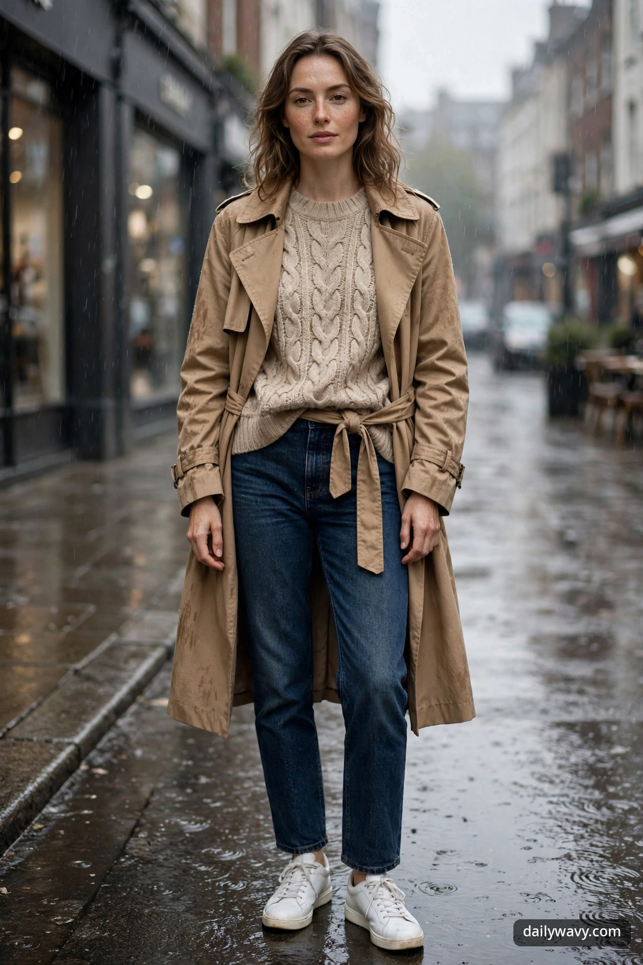 A woman in a beige cable knit sweater under a camel trench coat with dark straight-leg jeans and white sneakers, standing on a rainy city street.