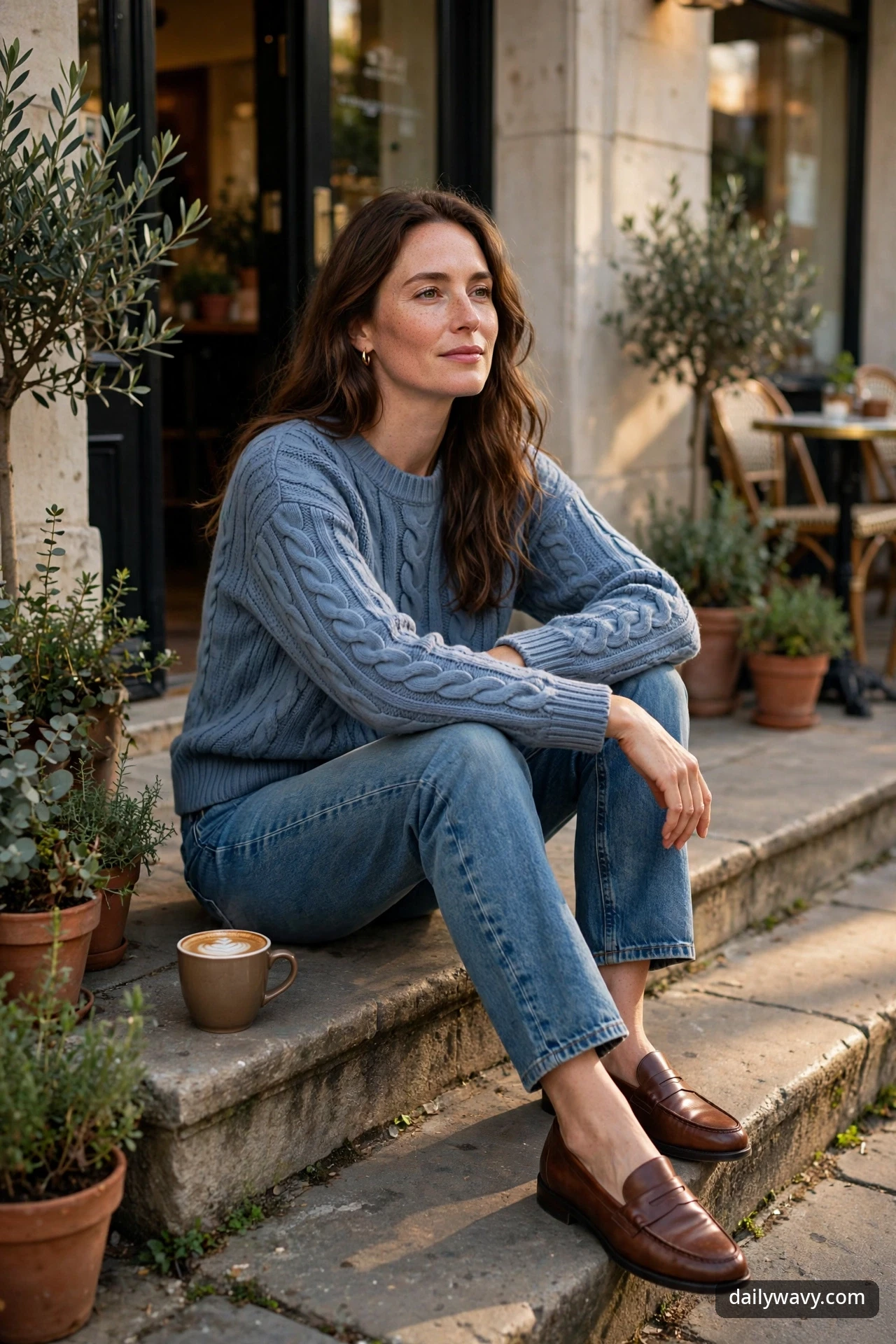 A woman in a light blue cable knit sweater with medium-wash straight jeans and brown leather loafers, sitting on stone steps outside a cafe with a coffee cup beside her.