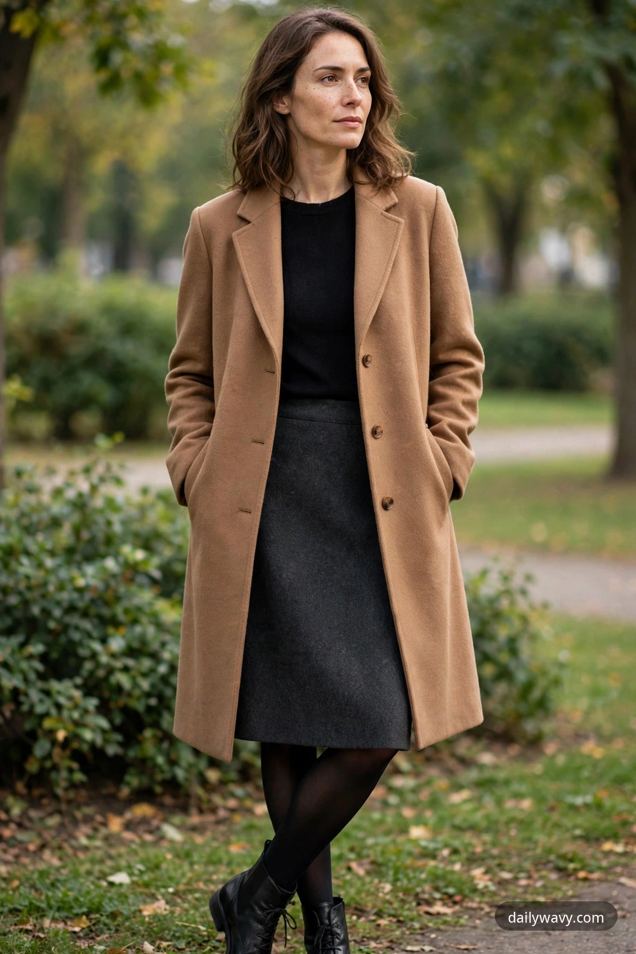 A woman in a camel coat over a black crewneck knit top with a charcoal wool pencil skirt, opaque black tights and black lace-up ankle boots, standing in a park.