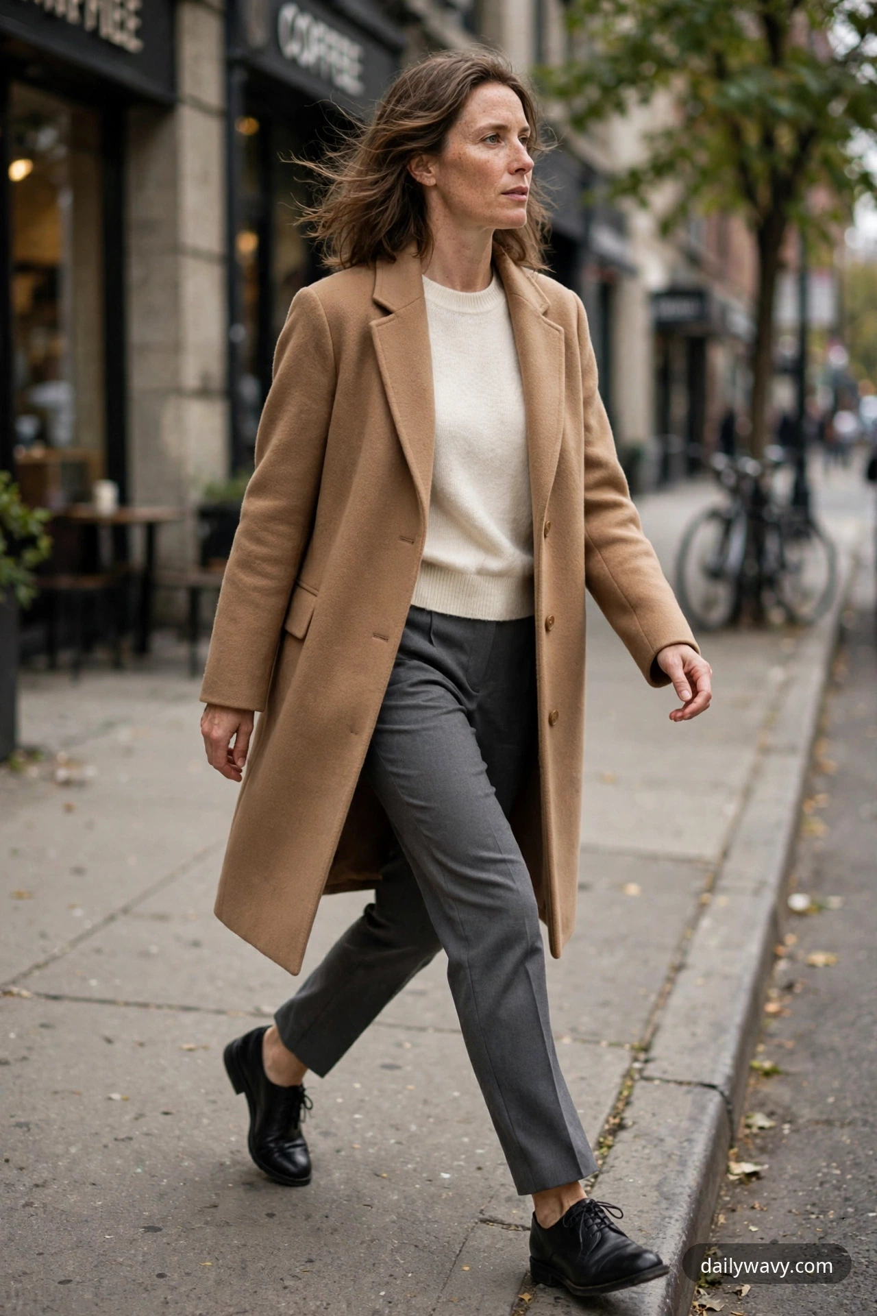 A woman walking on a city sidewalk in a camel coat over a cream crewneck sweater with charcoal tailored trousers and black lace-up shoes.