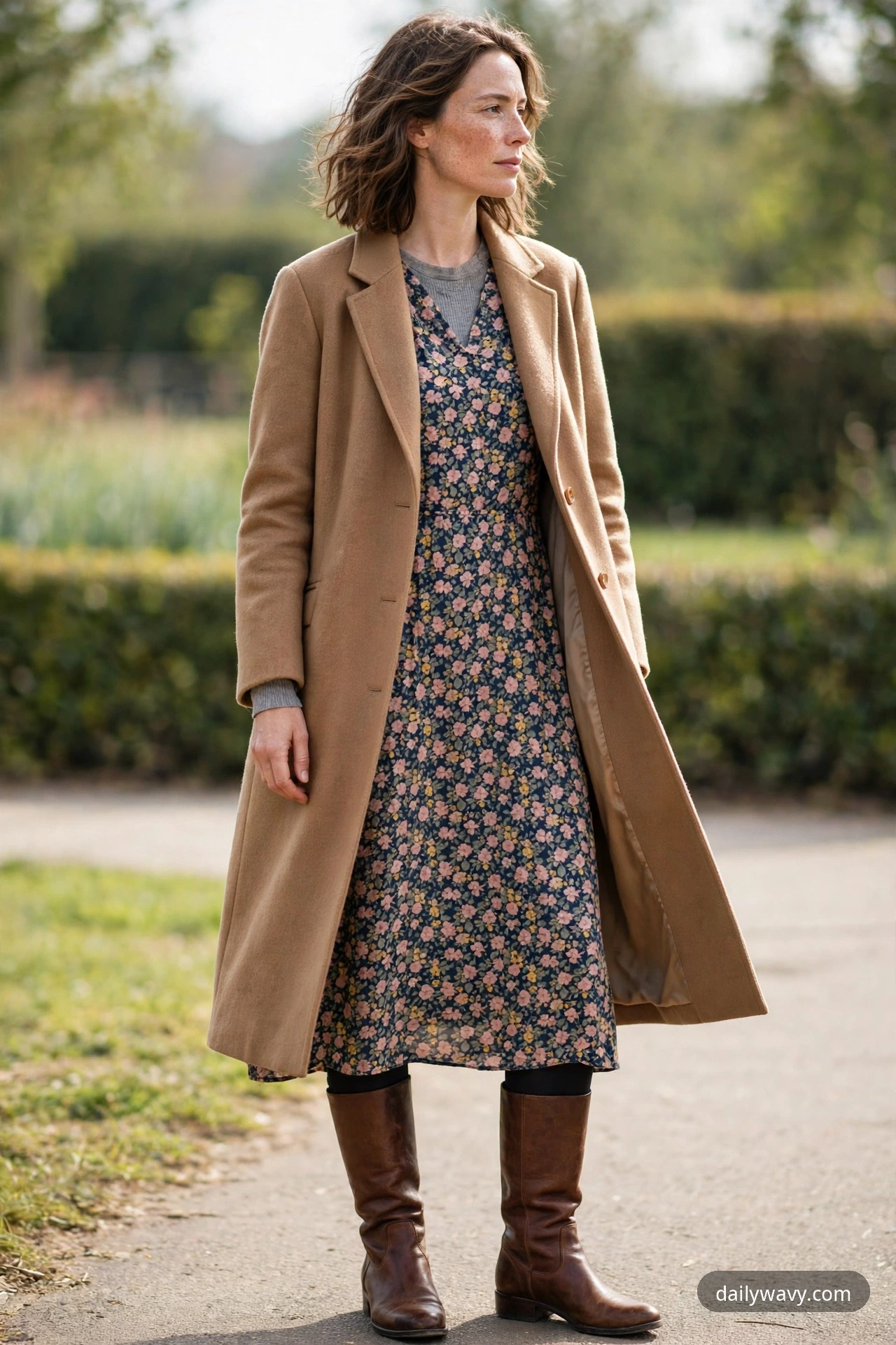 A woman in a camel coat over a gray ribbed crewneck and navy floral midi dress with dark tights and brown knee-high boots, standing on a park path.