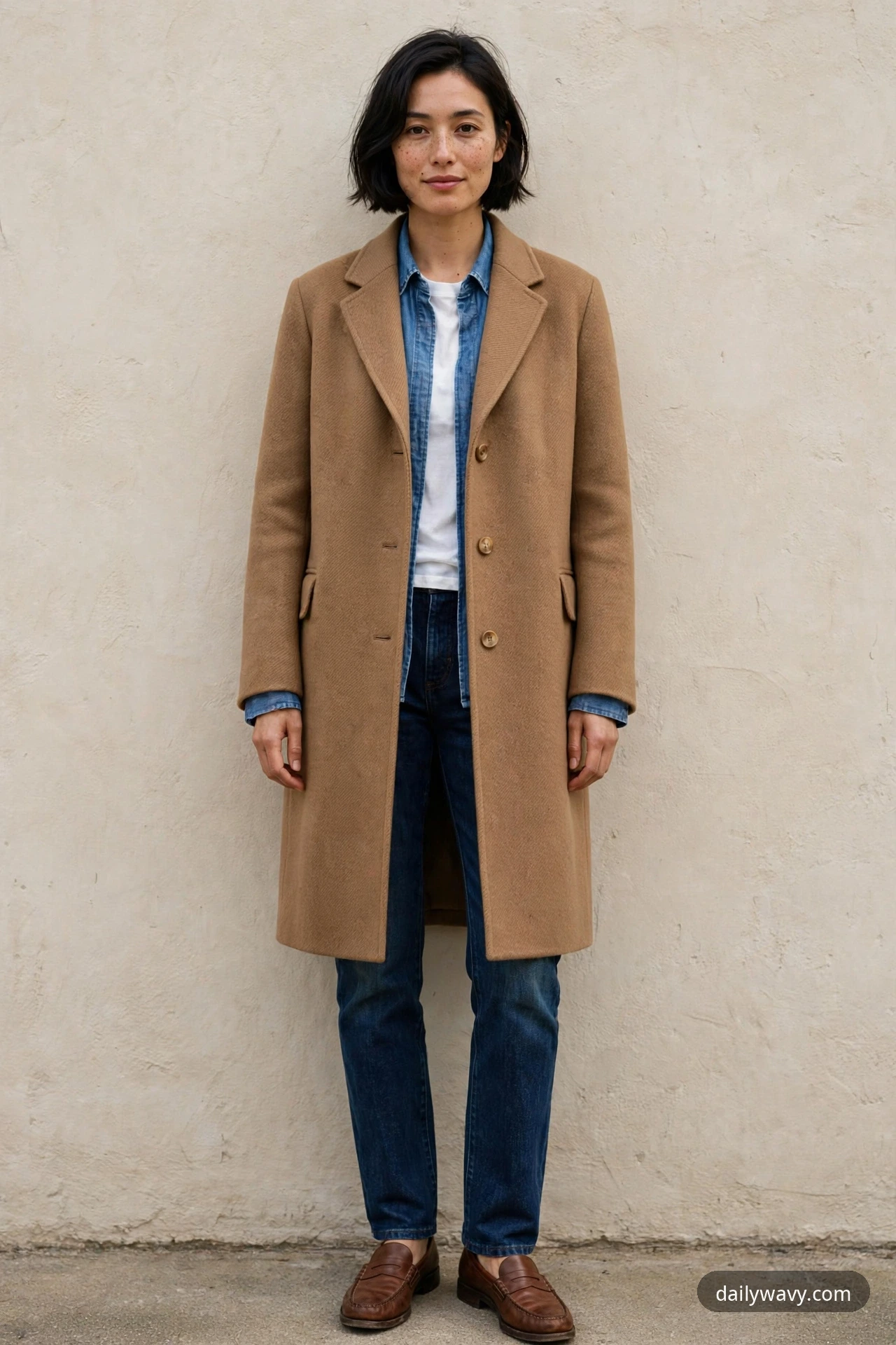 A woman in a camel coat over an open chambray shirt and white tee with dark indigo jeans and brown penny loafers, standing against a plain wall.