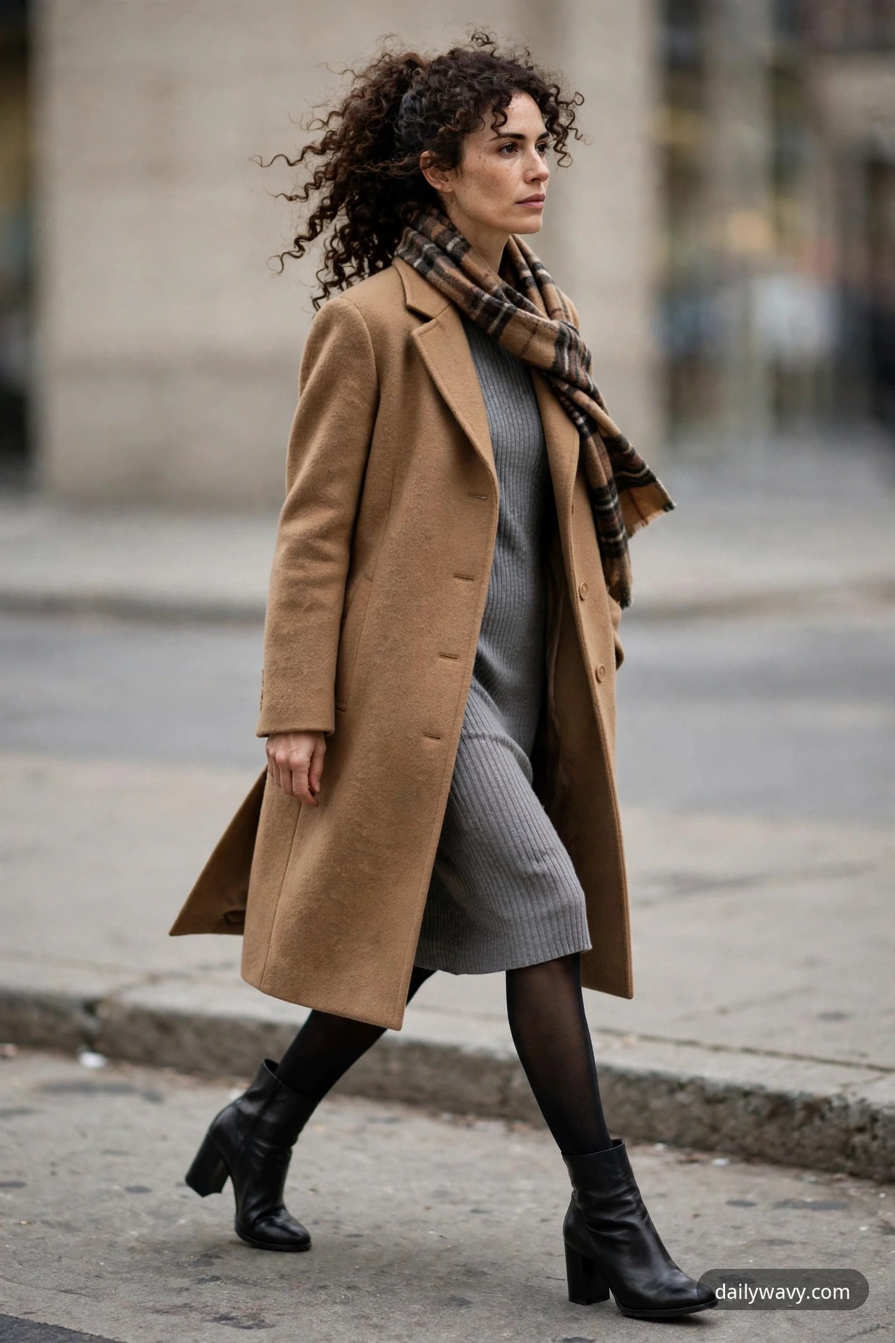 A curly-haired woman walking on a city sidewalk in a camel coat over a gray ribbed knit dress with a plaid scarf, black tights and black block-heel ankle boots.
