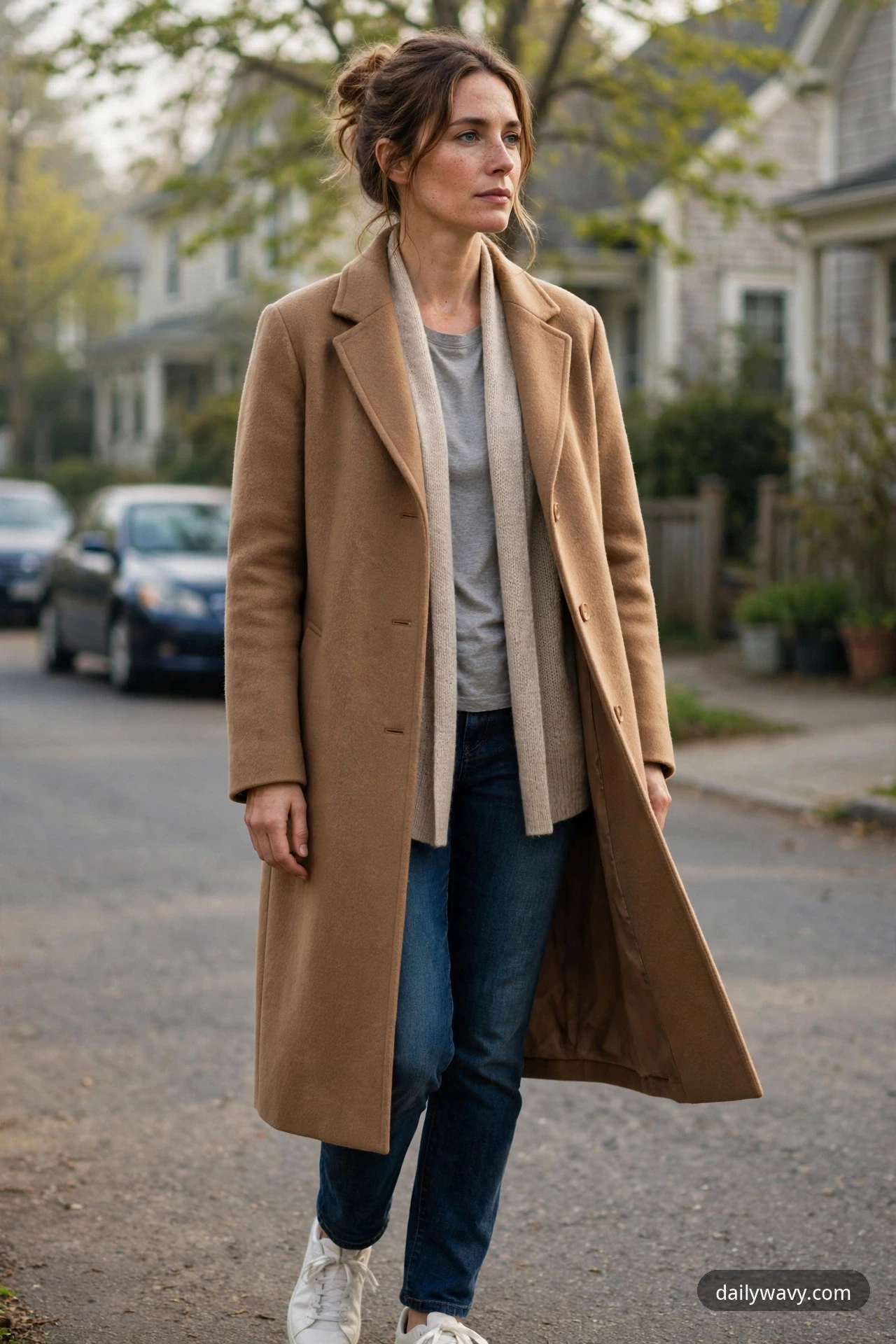 A woman walking down a suburban street in a camel coat over a gray tee and long beige knit scarf with dark blue jeans and white sneakers.