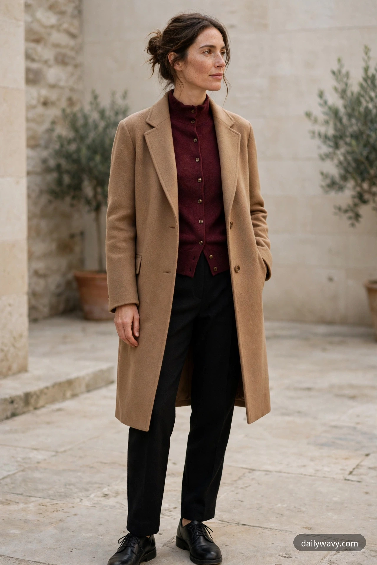 A woman in a camel coat over a burgundy buttoned knit cardigan with black tailored trousers and black lace-up shoes, standing in a stone courtyard.
