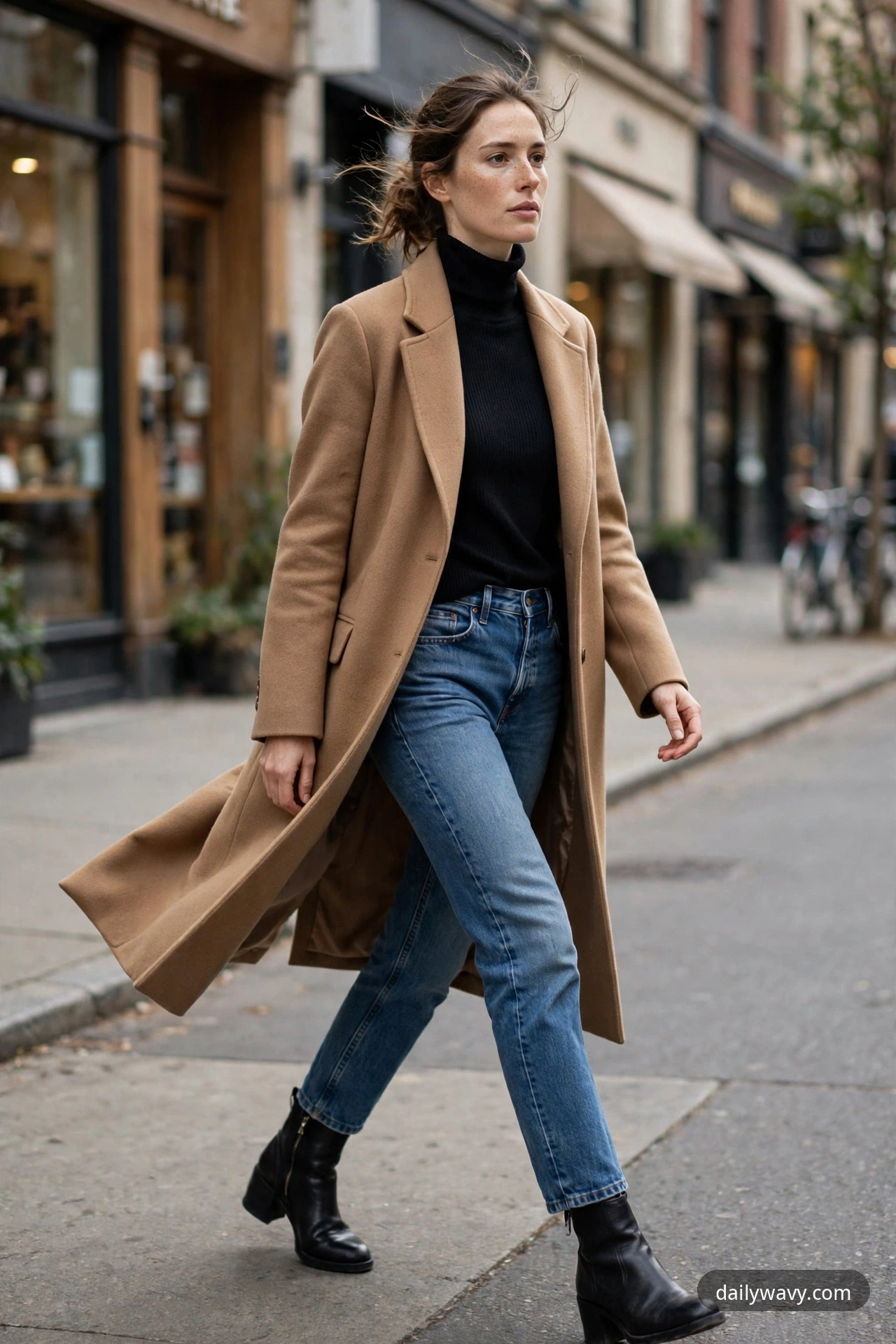 A woman walking down a shopping street in a camel coat over a black ribbed turtleneck with medium-wash blue jeans and black block-heel ankle boots.