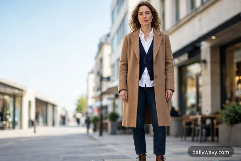 Wide view of a woman in a camel coat over a white shirt, navy cardigan and dark jeans with brown lace-up boots, standing on a city street.