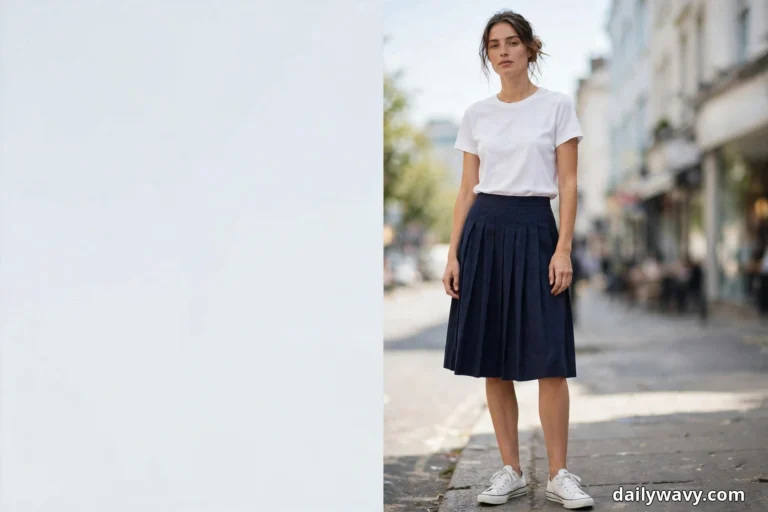 A woman stands full length on a city sidewalk wearing a plain white crewneck tee tucked into a navy pleated midi skirt, with white low-top canvas sneakers