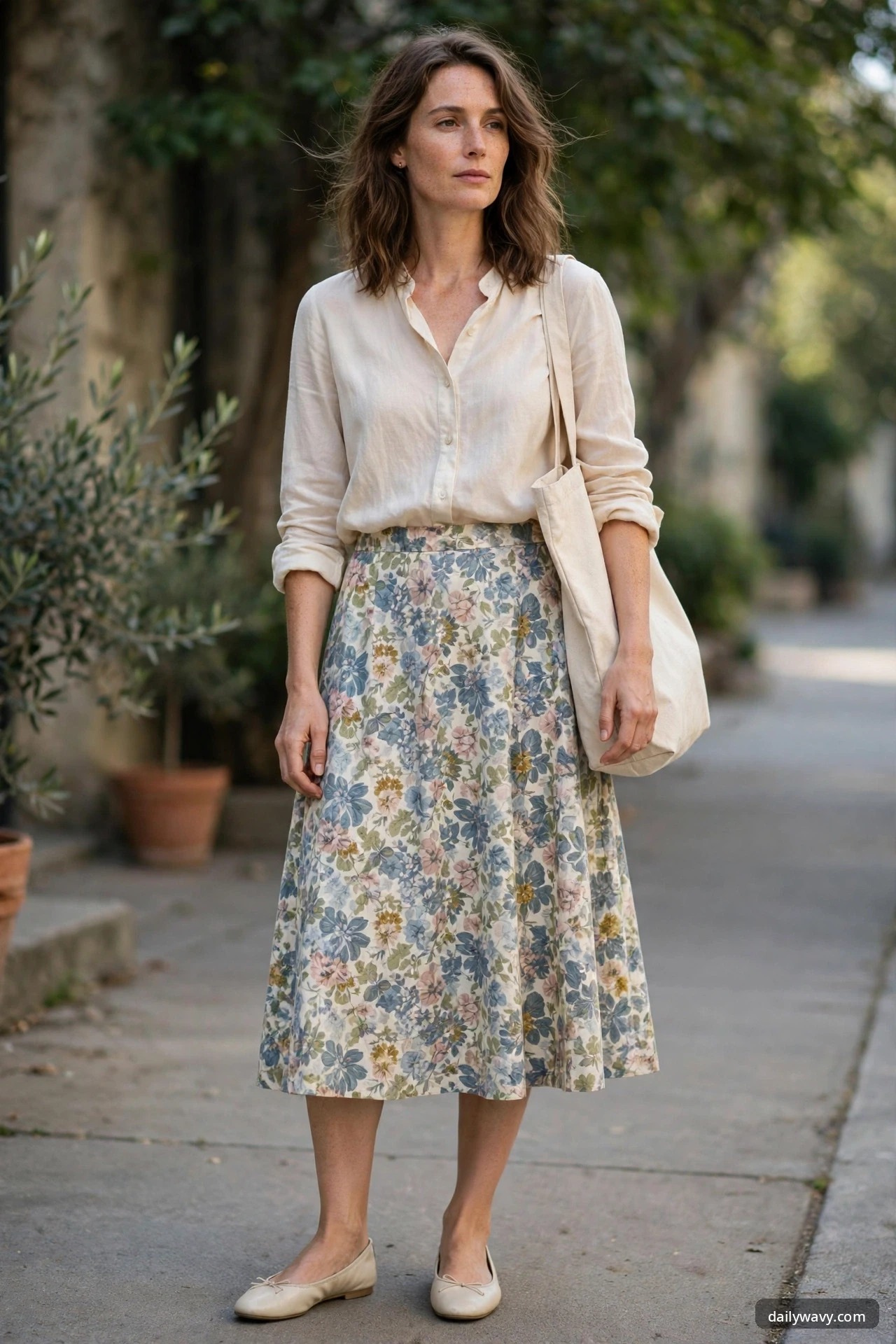 A woman standing outdoors wearing a cream button shirt, a floral midi skirt with blue and pink blooms, and cream ballet flats, with a canvas tote on her shoulder.