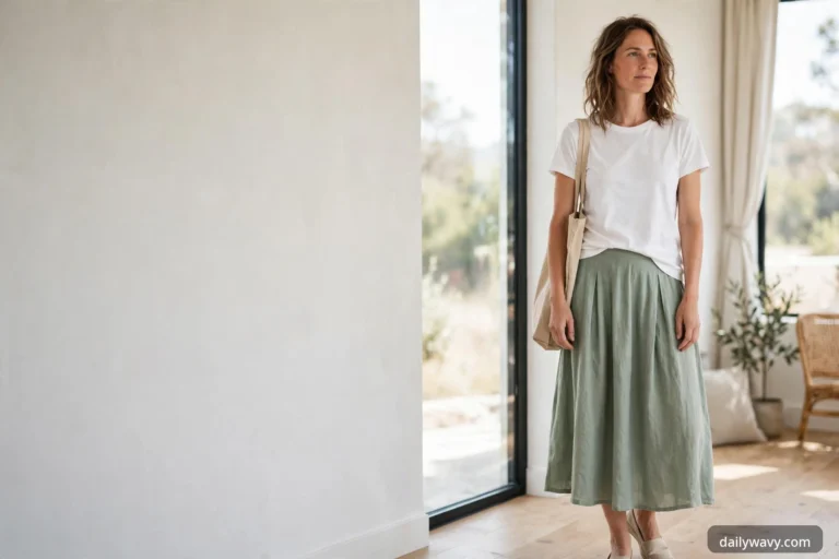 A woman standing indoors near large windows wearing a white crew-neck tee, a sage green pleated midi skirt and woven flats, with a natural canvas tote on her shoulder.