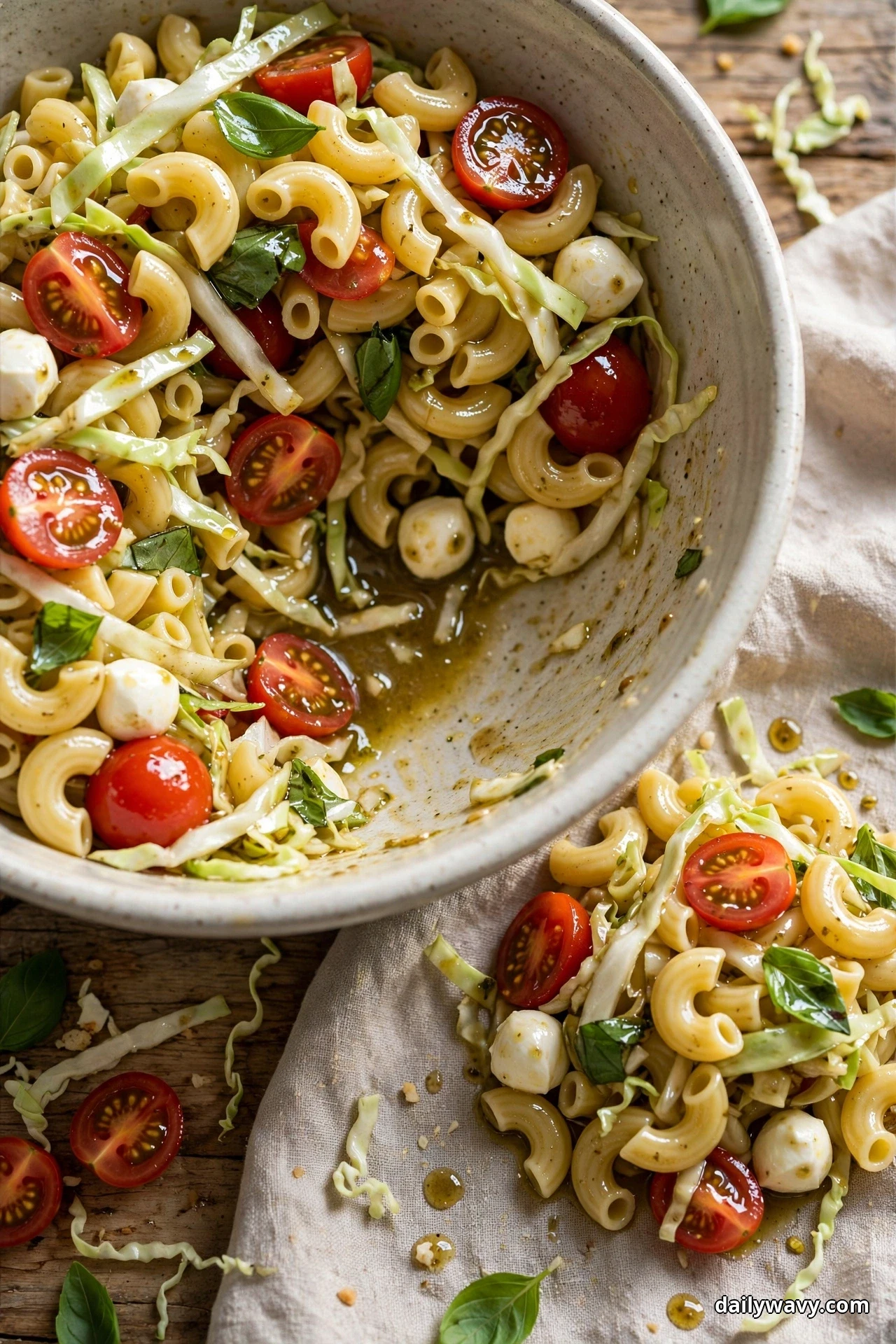 An overhead view of elbow pasta salad with shredded cabbage, mozzarella pearls, halved cherry tomatoes and basil fills a speckled bowl with one serving spilled onto the linen beside it