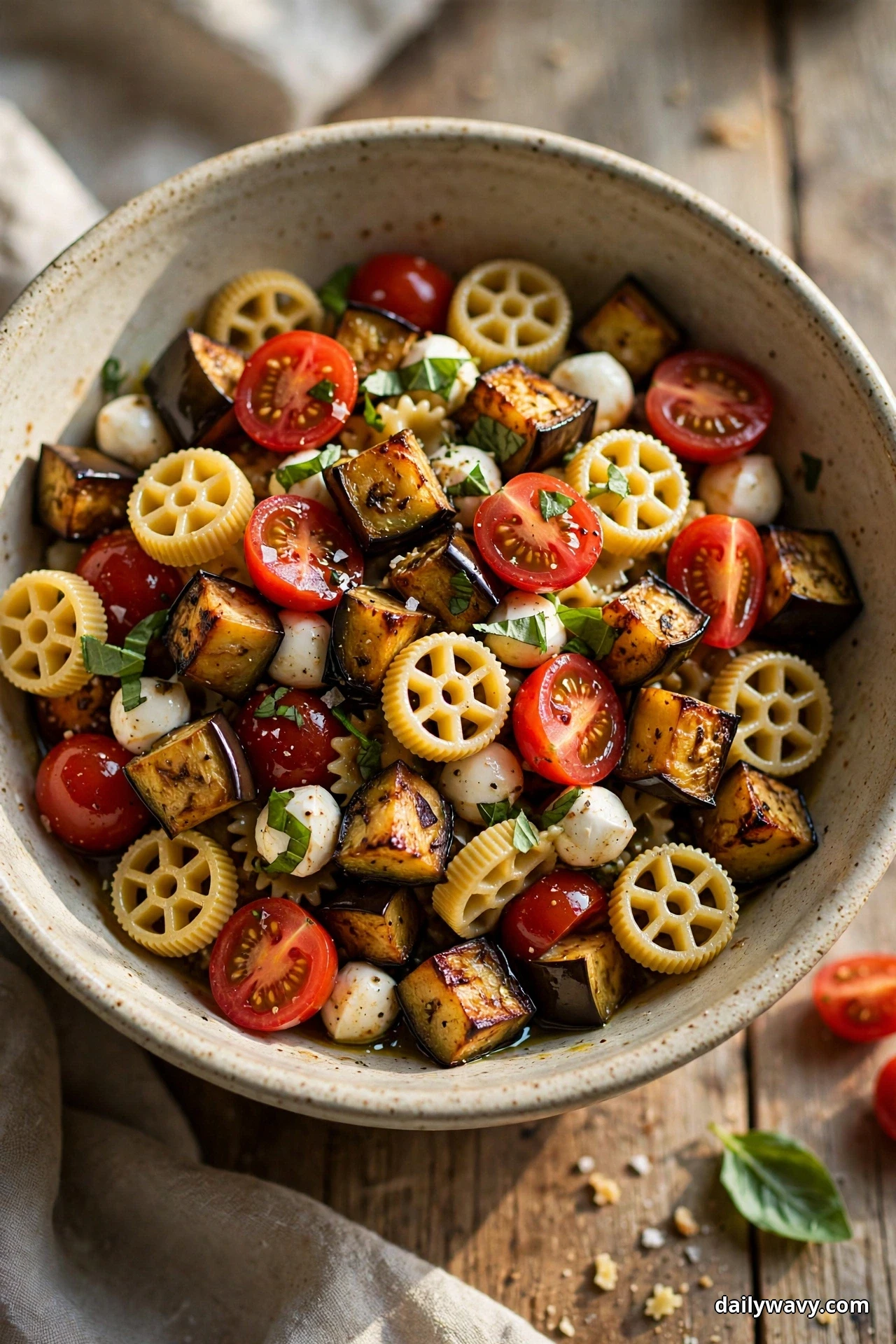A bowl of rotelle wagon-wheel pasta salad with golden roasted eggplant cubes, mozzarella pearls, halved cherry tomatoes and chopped basil sits on a wooden table