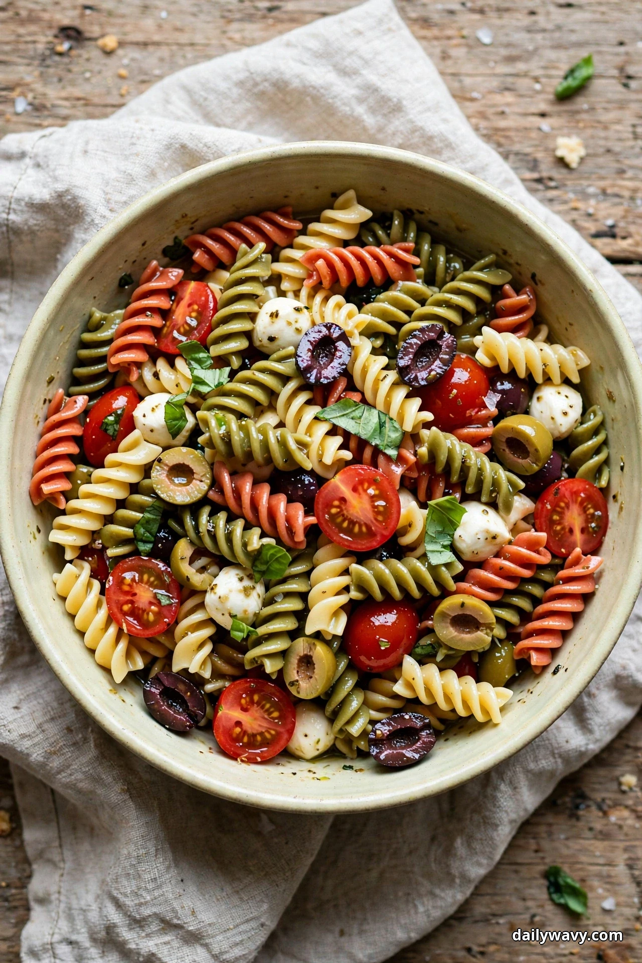 An overhead bowl of tricolor rotini pasta salad with halved green and black olives, mozzarella pearls, cherry tomatoes and basil rests on linen over a wooden table