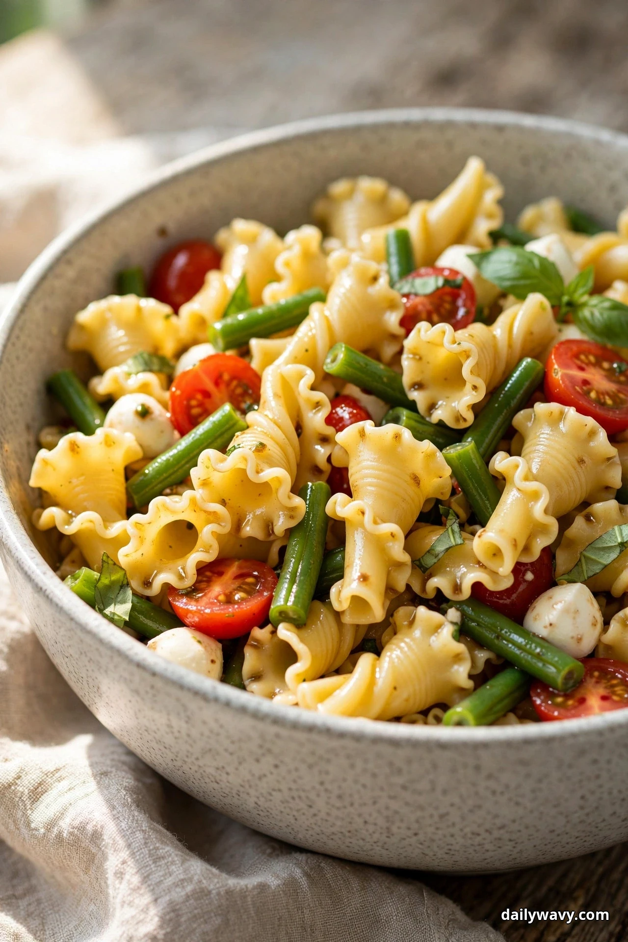 A close view of campanelle pasta salad with green bean pieces, mozzarella pearls, halved cherry tomatoes and basil fills a speckled bowl on linen