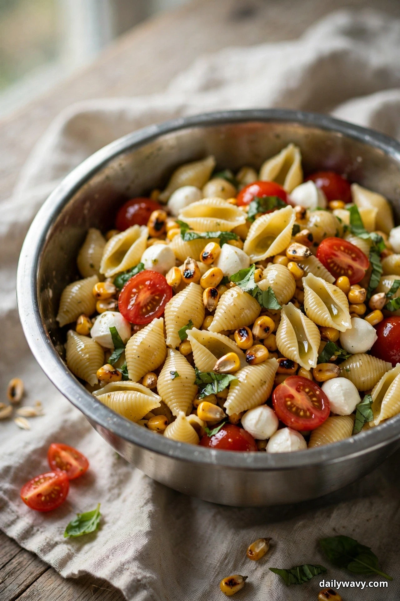 A metal mixing bowl of medium shell pasta salad with charred corn kernels, mozzarella pearls, halved cherry tomatoes and basil rests on linen with tomato halves scattered beside it