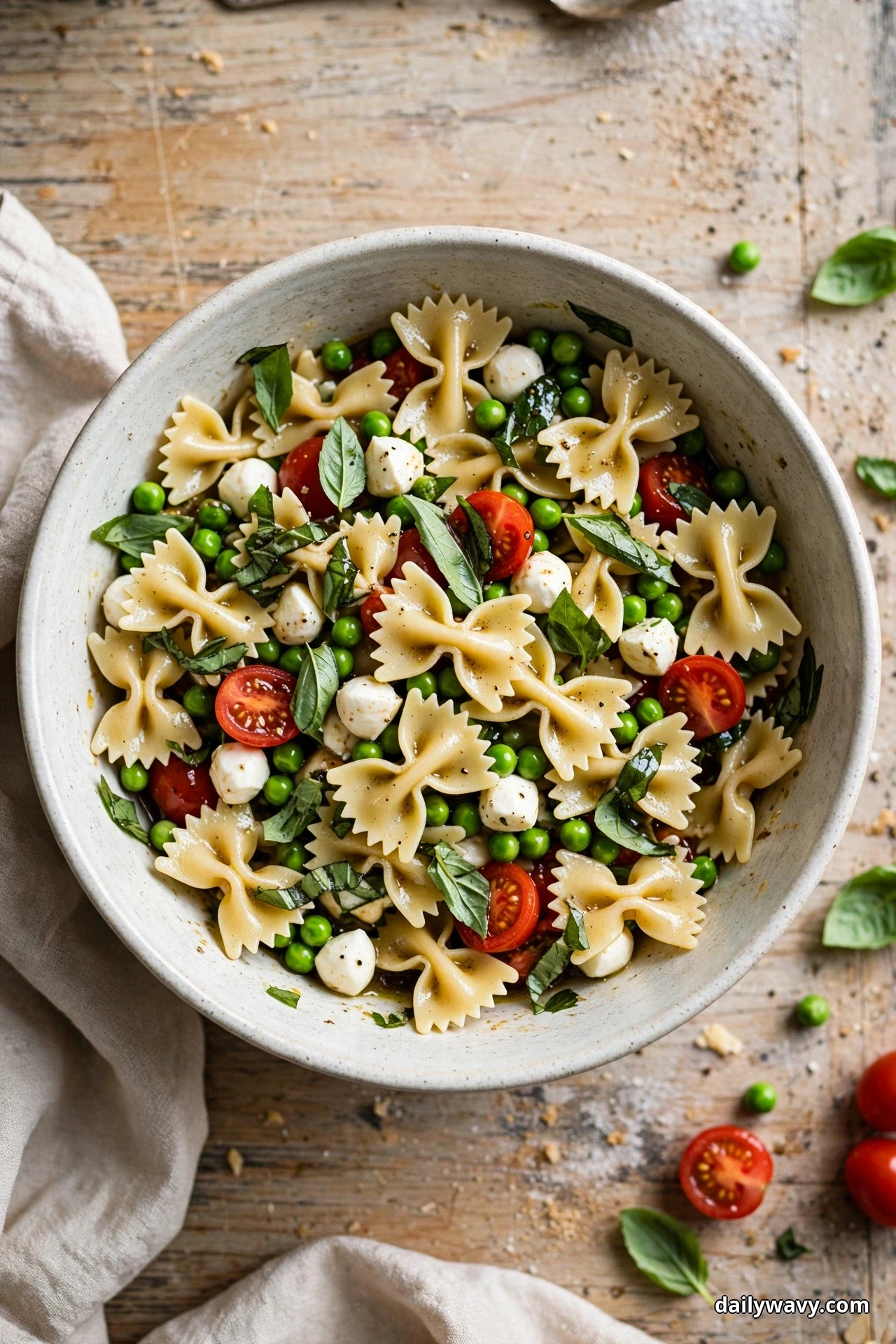 An overhead bowl of farfalle pasta salad with green peas, mozzarella pearls, halved cherry tomatoes and torn basil sits on a rustic wooden table with peas and tomatoes scattered around