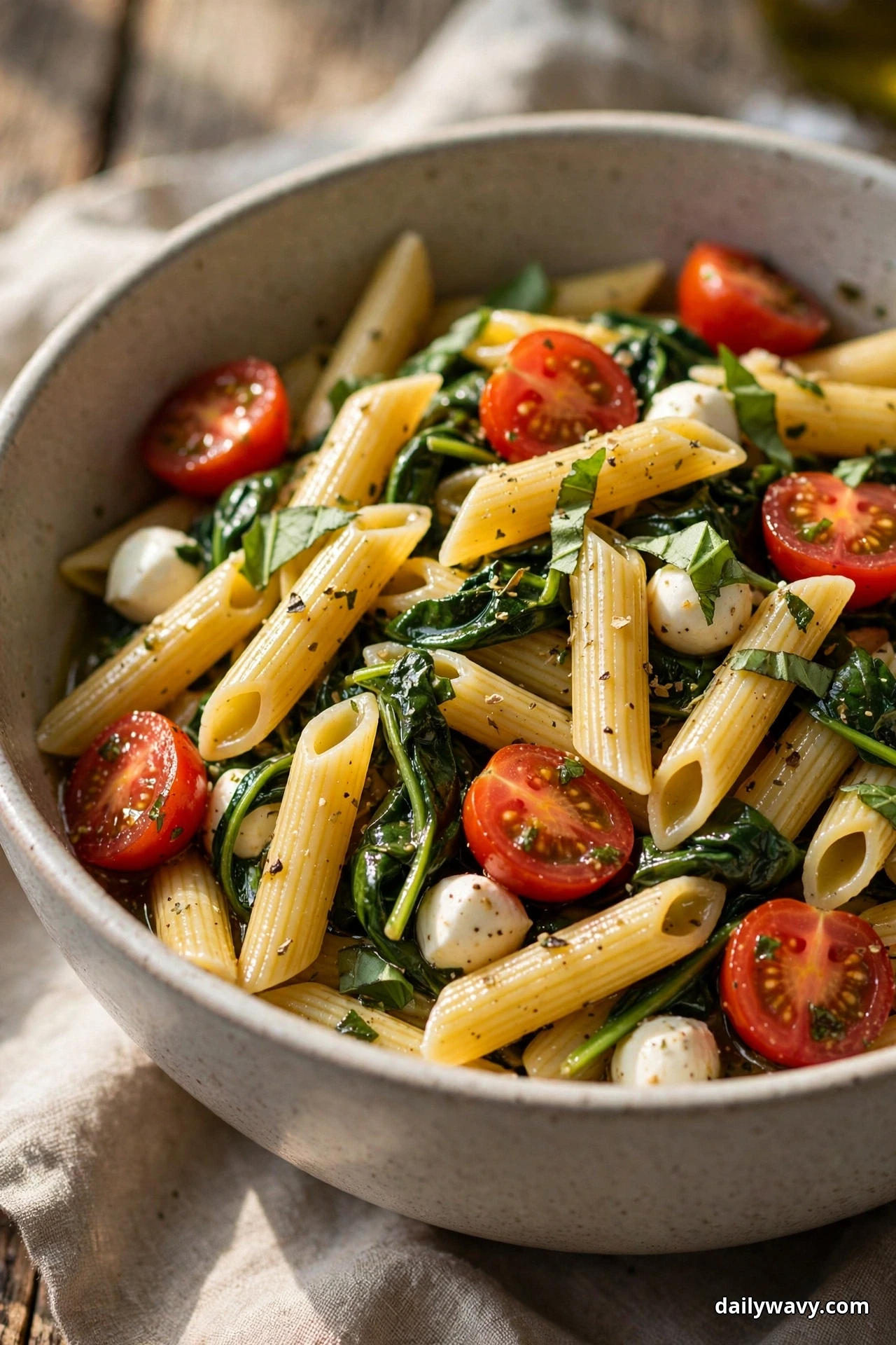 A close view of penne pasta salad with wilted spinach leaves, mozzarella pearls, halved cherry tomatoes and torn basil fills a speckled bowl on linen