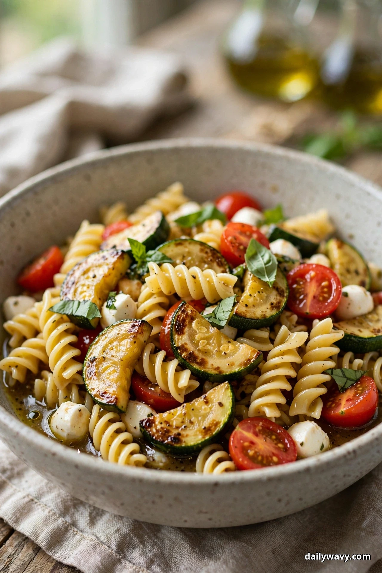 A bowl of fusilli pasta salad with seared zucchini half-moons, mozzarella pearls, halved cherry tomatoes and basil sits on linen with an olive oil bottle blurred behind it